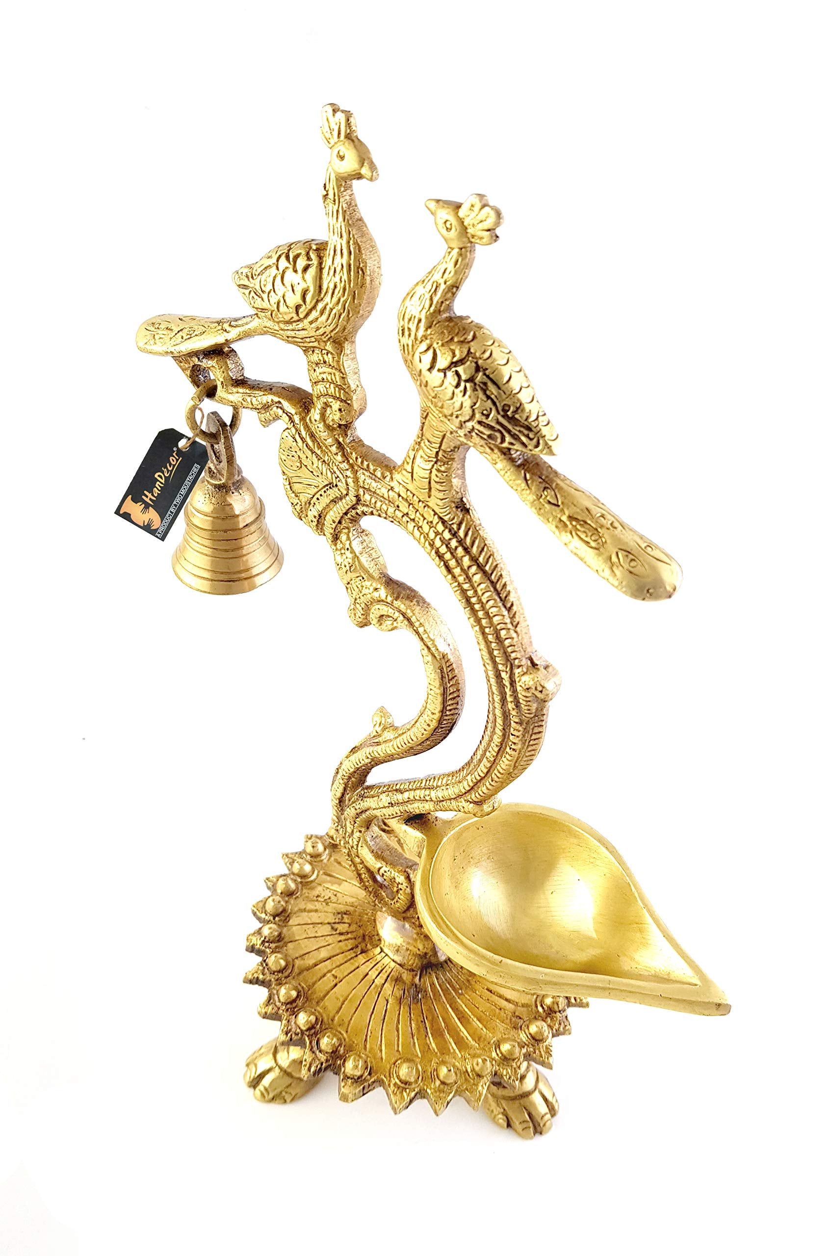 Two Moustaches Brass Ethnic Carved Twin Peacock Design Over Diya (Yellow_5.5 Inch X 4 Inch X 12 Inch), Antique Yellow (Model Num