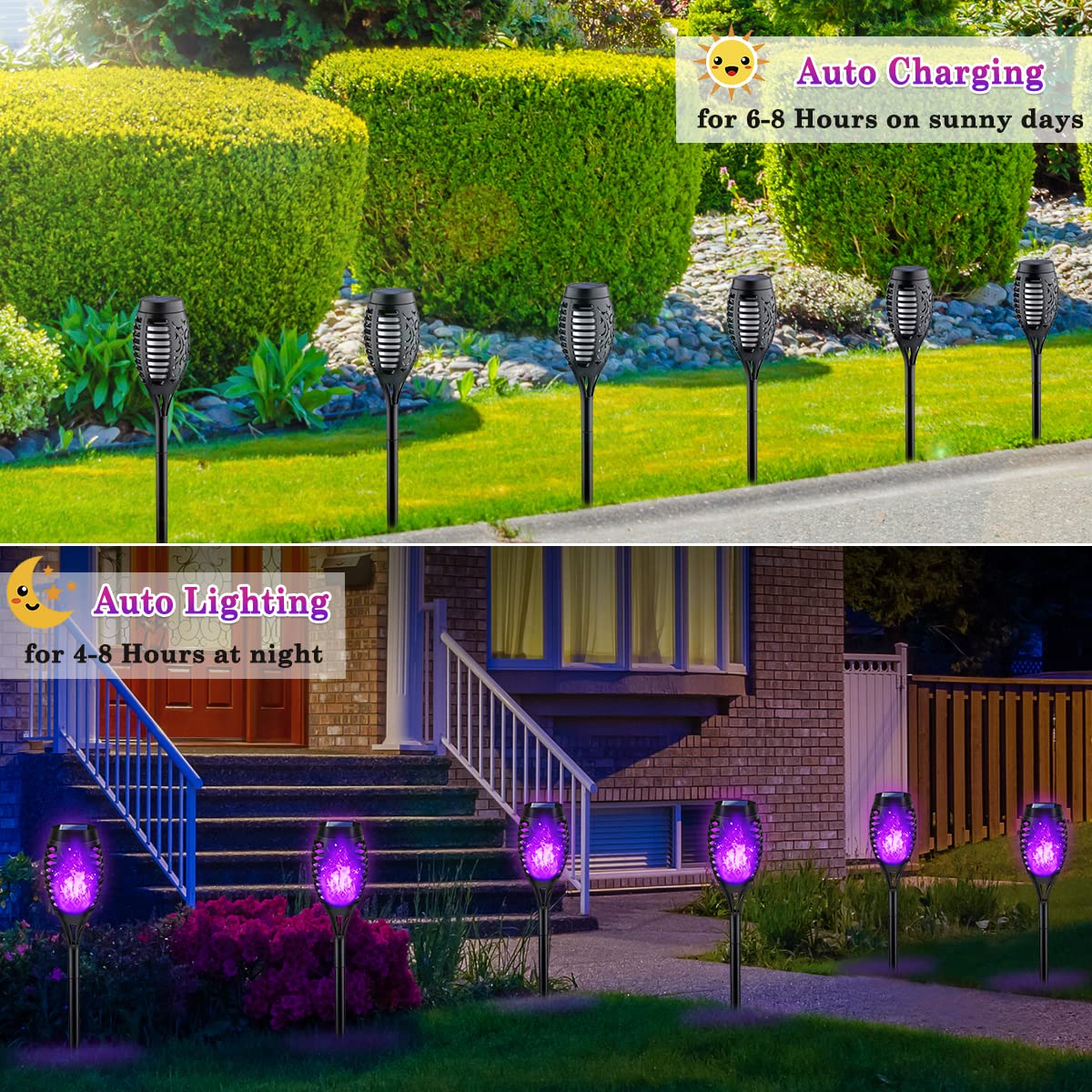 LNRYY Solar Torch Lights, Waterproof LED, Flickering Flame, 6 Pack, Purple Halloween Decorations for Outdoor Yard Pathway