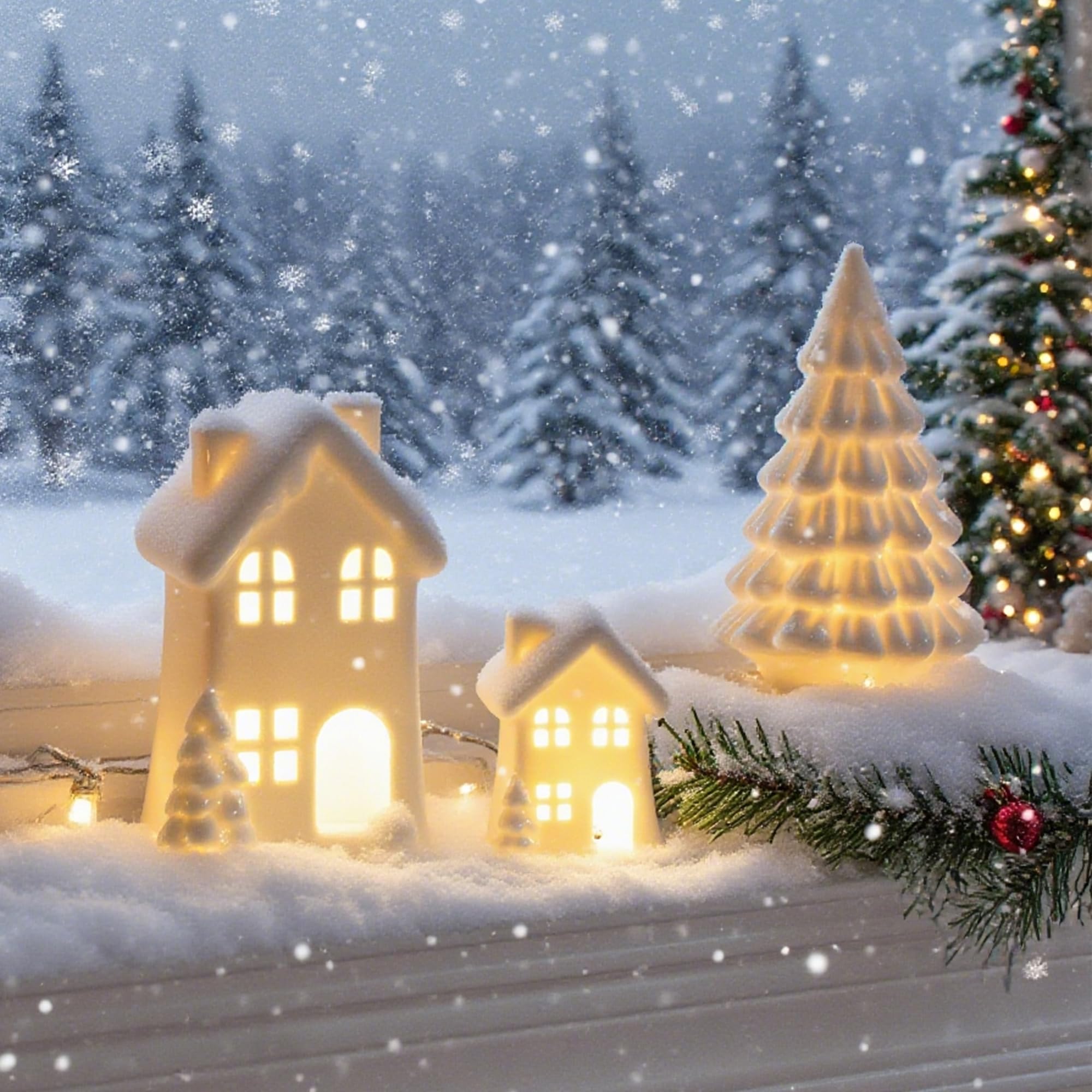 Nerosun Ceramic Christmas Village Houses  3Pcs Led Lighted Porcelain White Small House And Xmas Tree Tabletop Figurines  Light Up Christmas Decorations For Home Shelf Cabinet Table Winter Decor