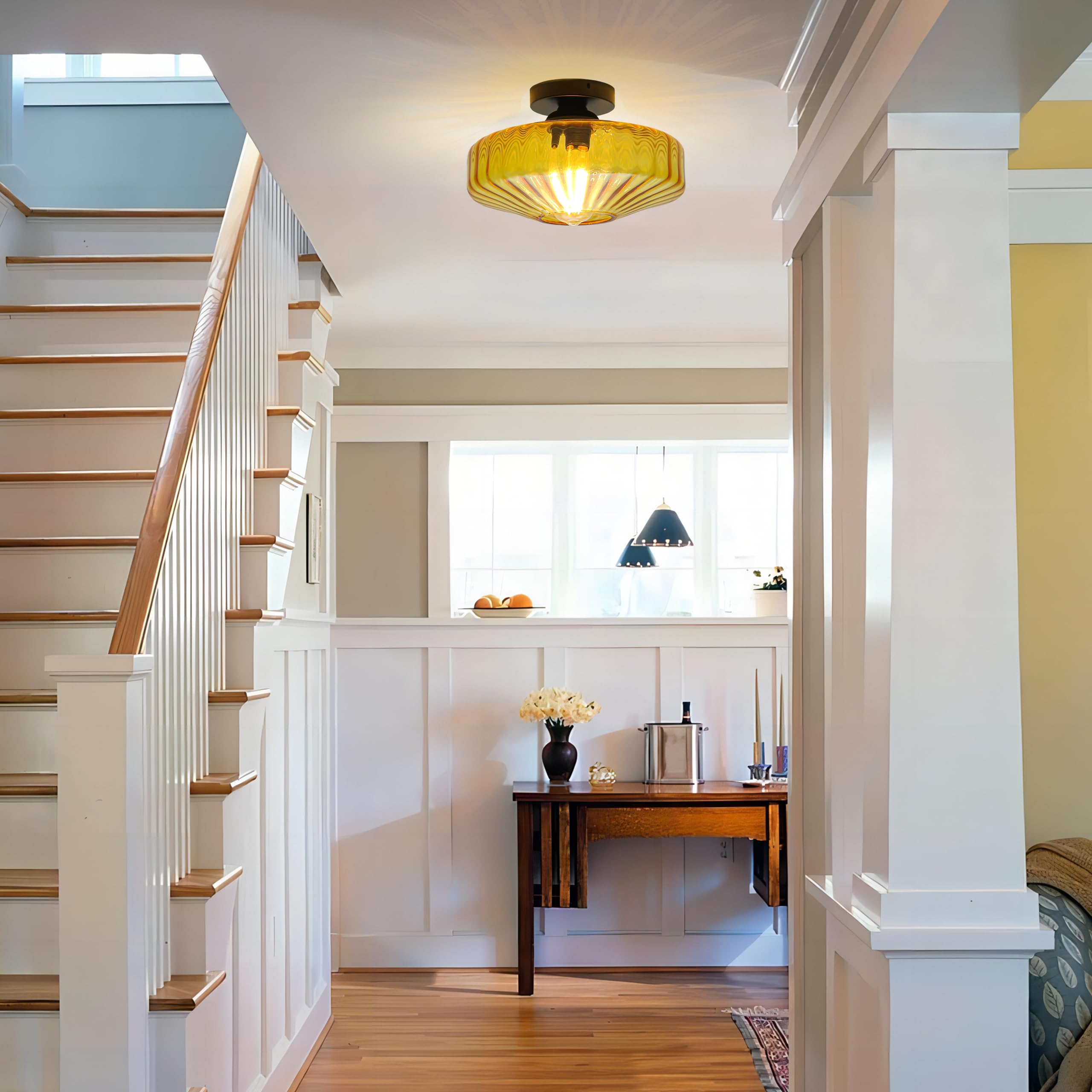 Fctwaks Semi Flush Mount Ceiling Light, 11.8'' Mid Century Modern 1-Light Close To Ceiling Light Fixtures With Drum Amber Glass