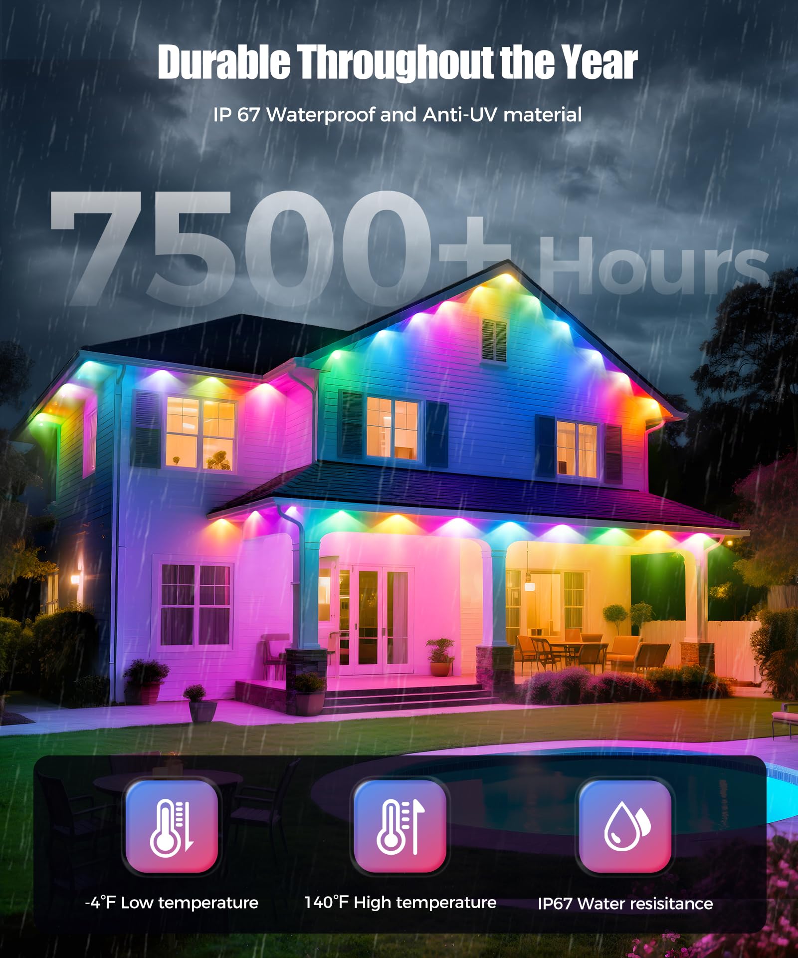 POOFZY 150ft RGB+IC Smart Outdoor Lights, IP68 Waterproof, App/Remote Control, for Holiday & Pool Party Decor, Model HCP045