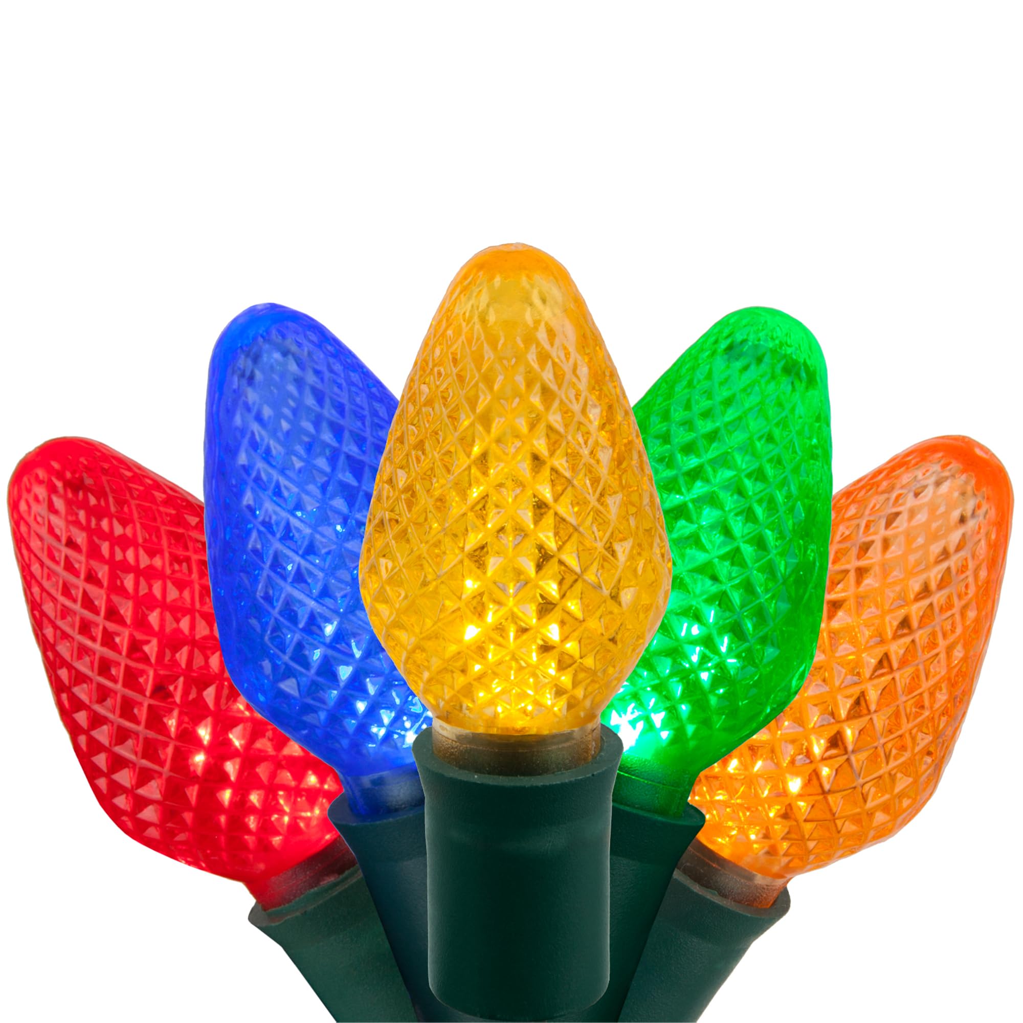 C7 Led Faceted Multicolor Prelamped Light Set, Green Wire - 25 C7 Multi Color Led Christmas Lights, 8&quot; Spacing