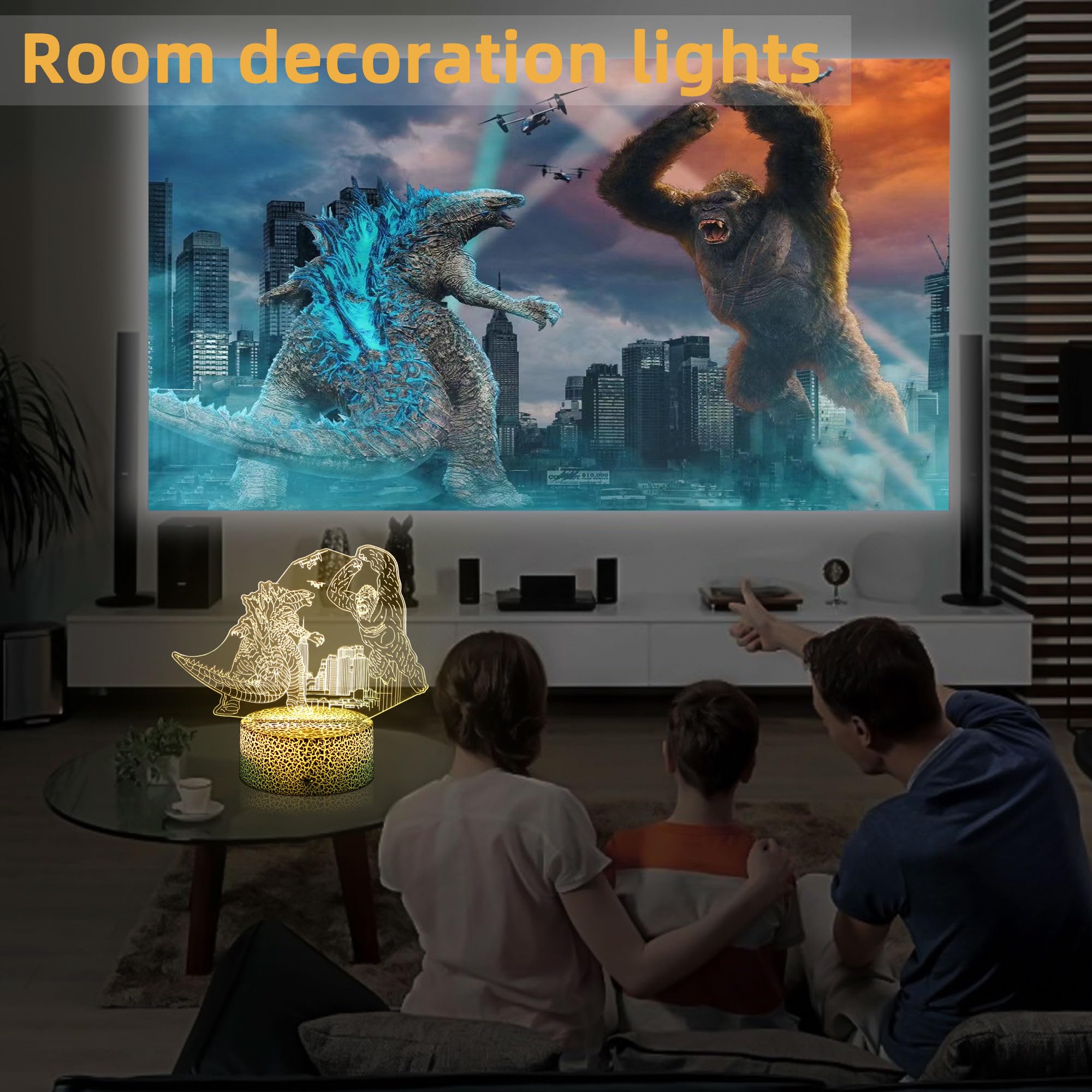 S SUNINESS 3D Godzilla vs King Kong Color-Changing LED Night Light, King of Monsters, Remote Control, Plastic, Perfect for Boys & Girls Gifts
