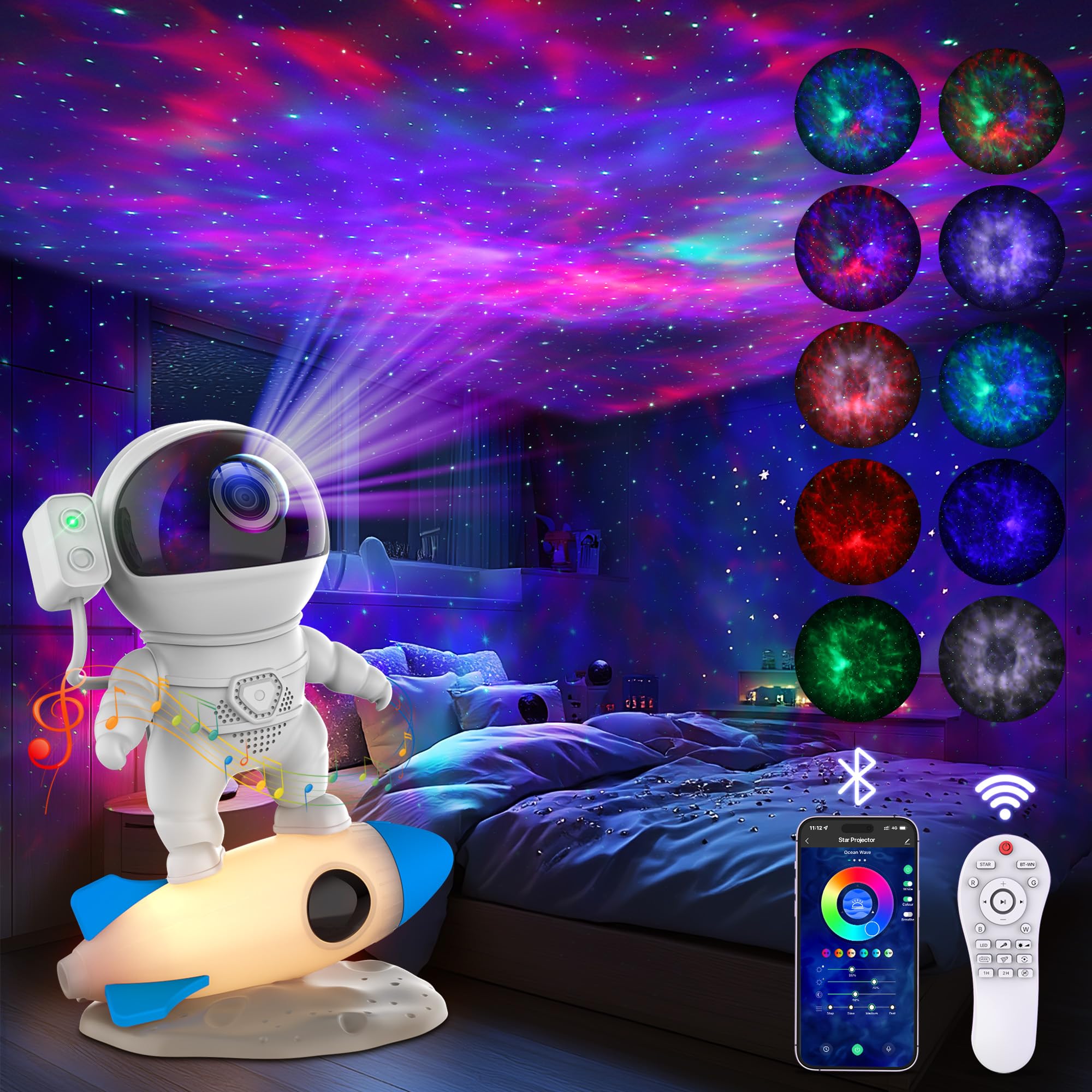 FlyEagle Astronaut Galaxy Projector with Remote Control, Bluetooth Speaker, LED Night Light, White, Model BL-HJ07