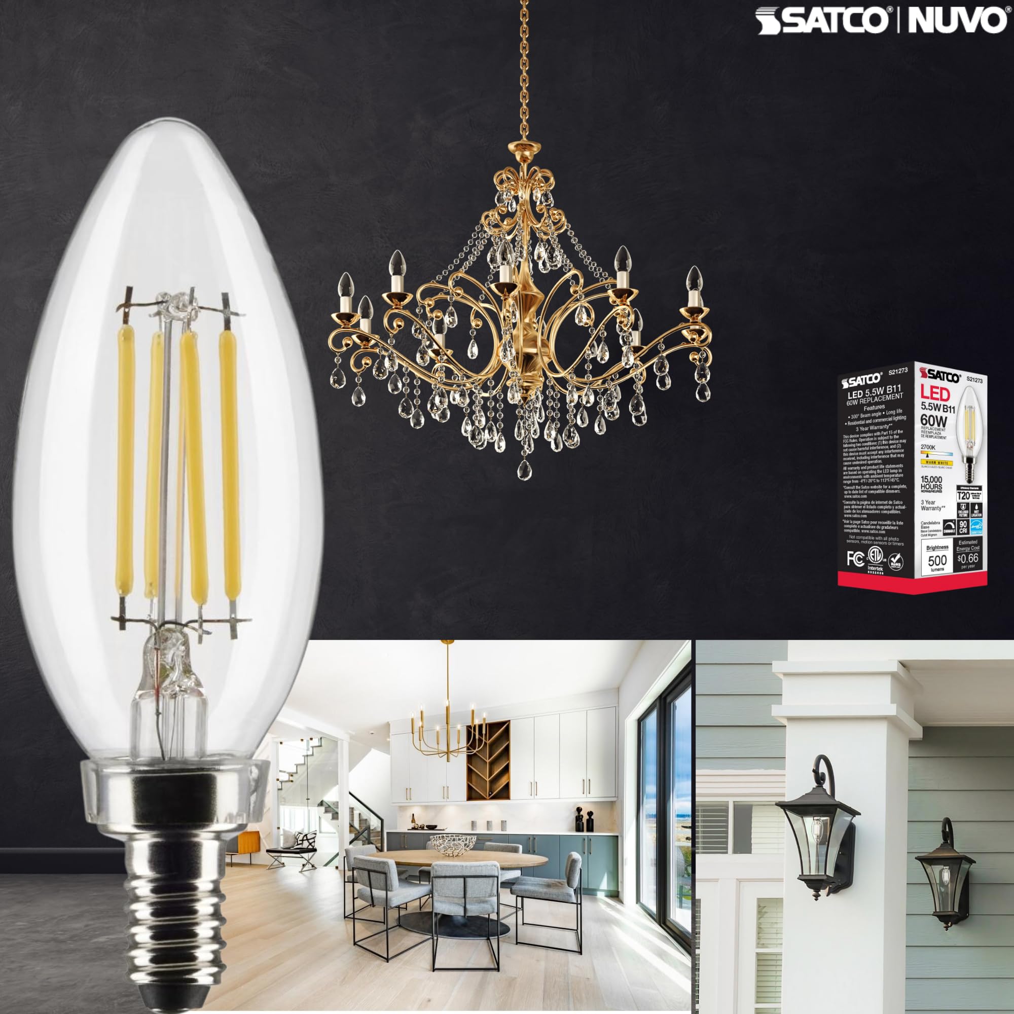 Satco Lighting S21273-5.5 Watt B11 Led Clear Dimmable Light Bulbs - Candelabra Base - 90 Cri - 2700K - 120 Volts - 15,000 Hours