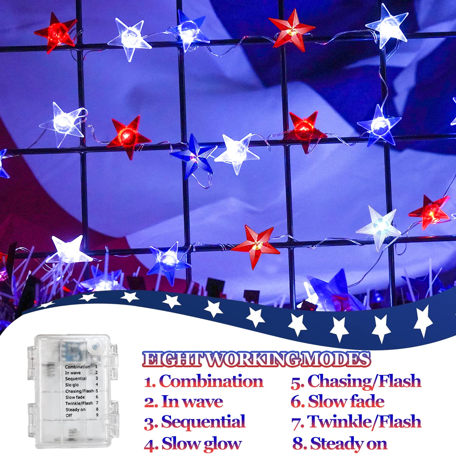 Couah 80 LED Fairy Lights - Battery Operated, 20FT, Red White Blue - Indoor Outdoor 4th of July Decorations