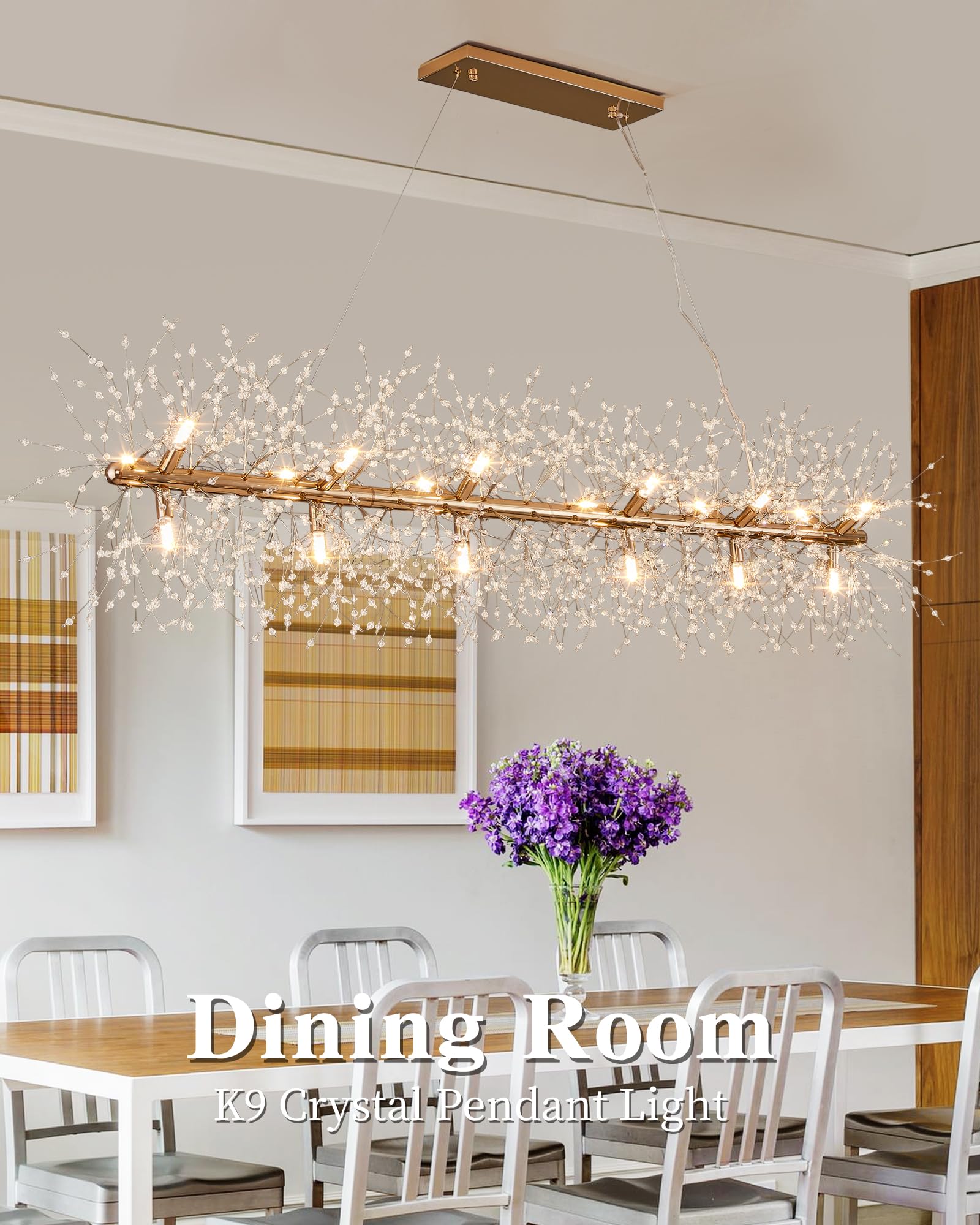 Modern 59'' Modern Gold Crystal Firework Chandelier, 18-Light Pendant Light Fixture, Rectangle Linear Sputnik Dandelion Chandeli