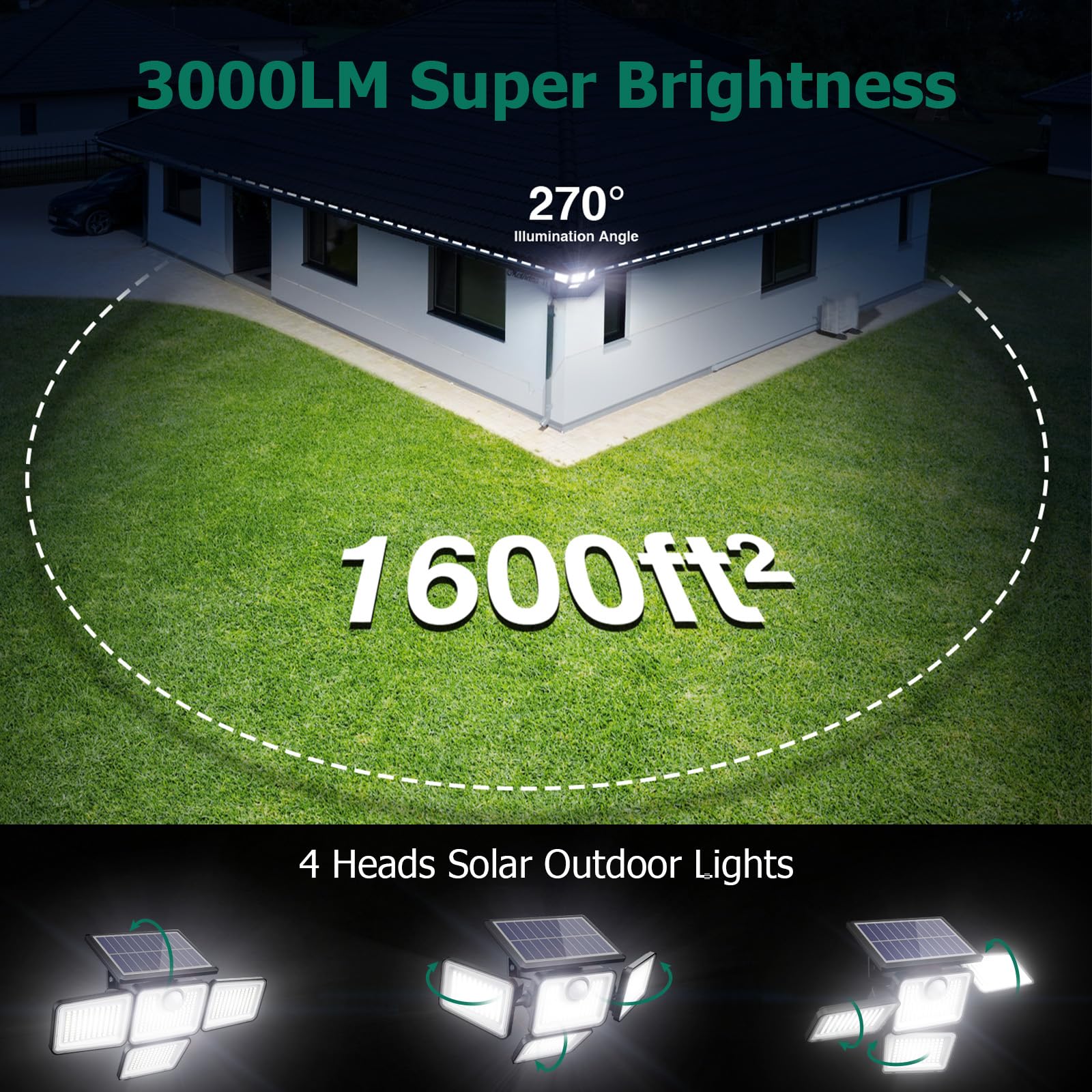 3000Lm Solar Lights Outdoor, 413 Leds 4 Adjustable Heads Solar Motion Sensor Lights, 3 Mode, Ip65 Waterproof Solar Security Wall