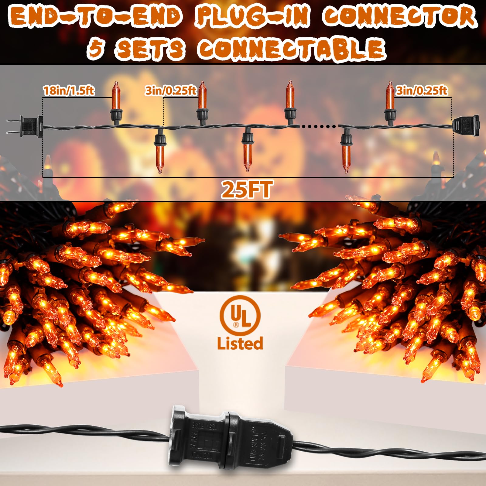 CXLHO Halloween Lights, 25FT 100 Bulbs, Orange Black Wire, UL Listed Waterproof Fall Decorations for Indoor Outdoor Use