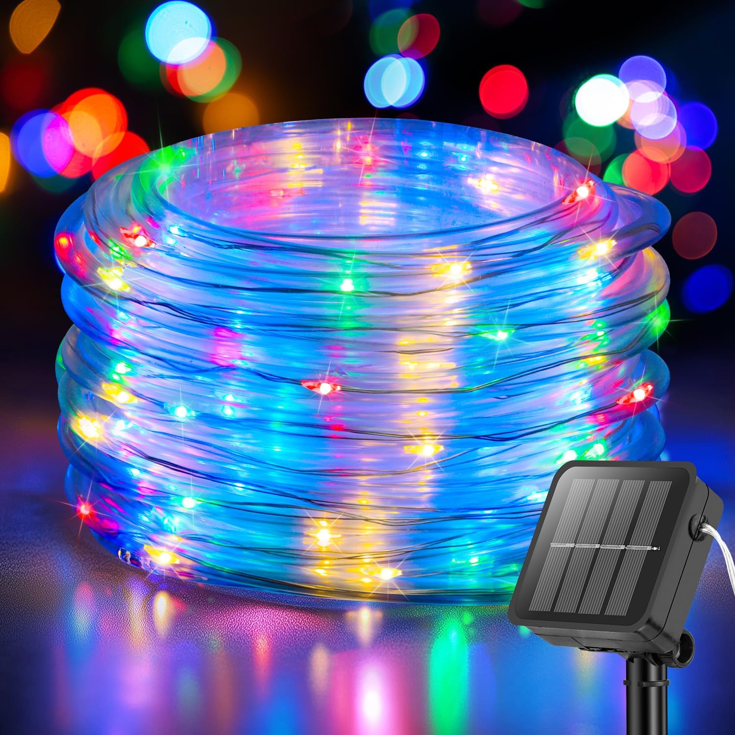 ANJAYLIA Solar Rope Lights, 33FT 100 LED Waterproof, Multicolor, 8 Modes, Plastic, Model MCQZD100