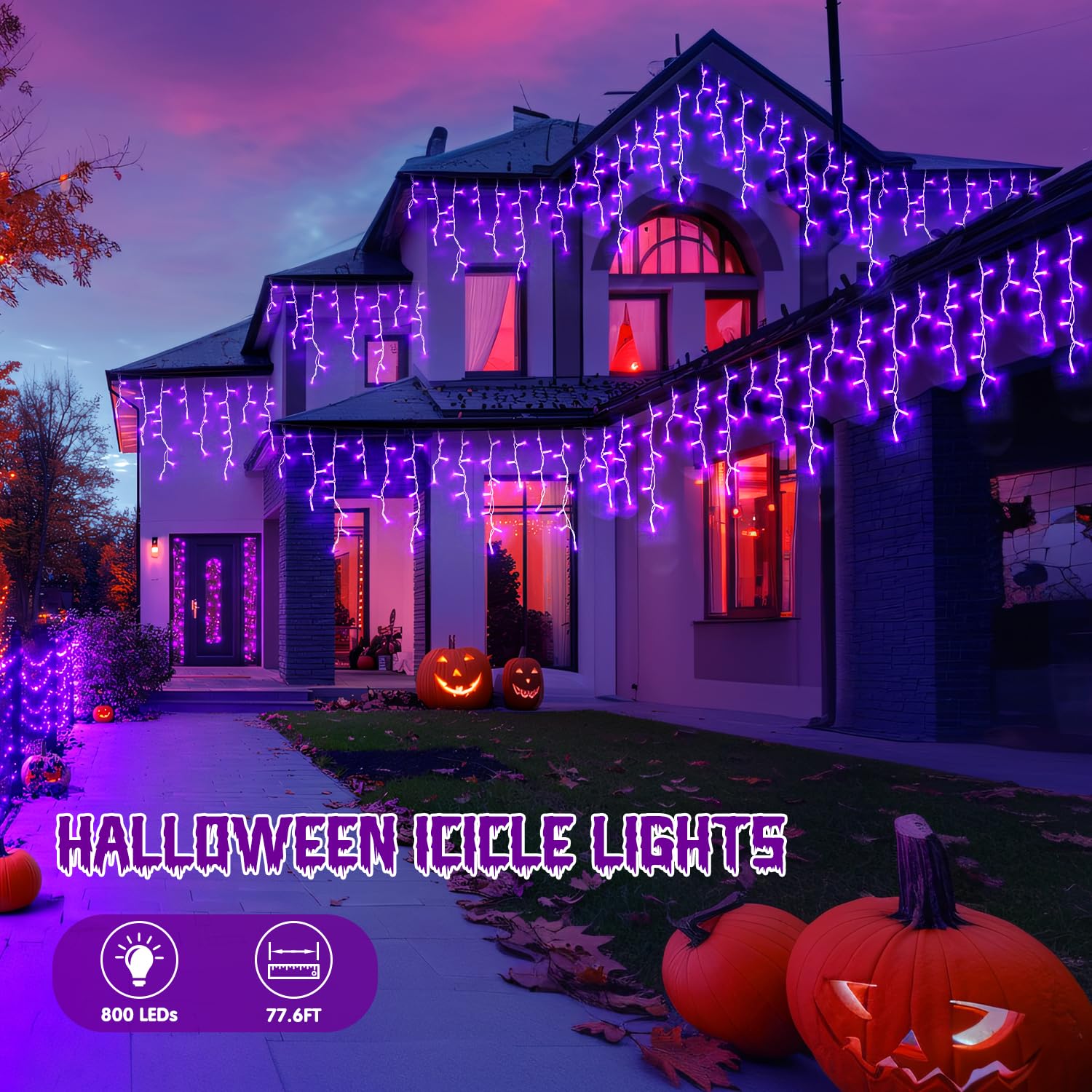 JMEXSUSS Purple Icicle Lights, 800 LED Waterproof, 8 Modes, Indoor/Outdoor, Model EXS-I-0800
