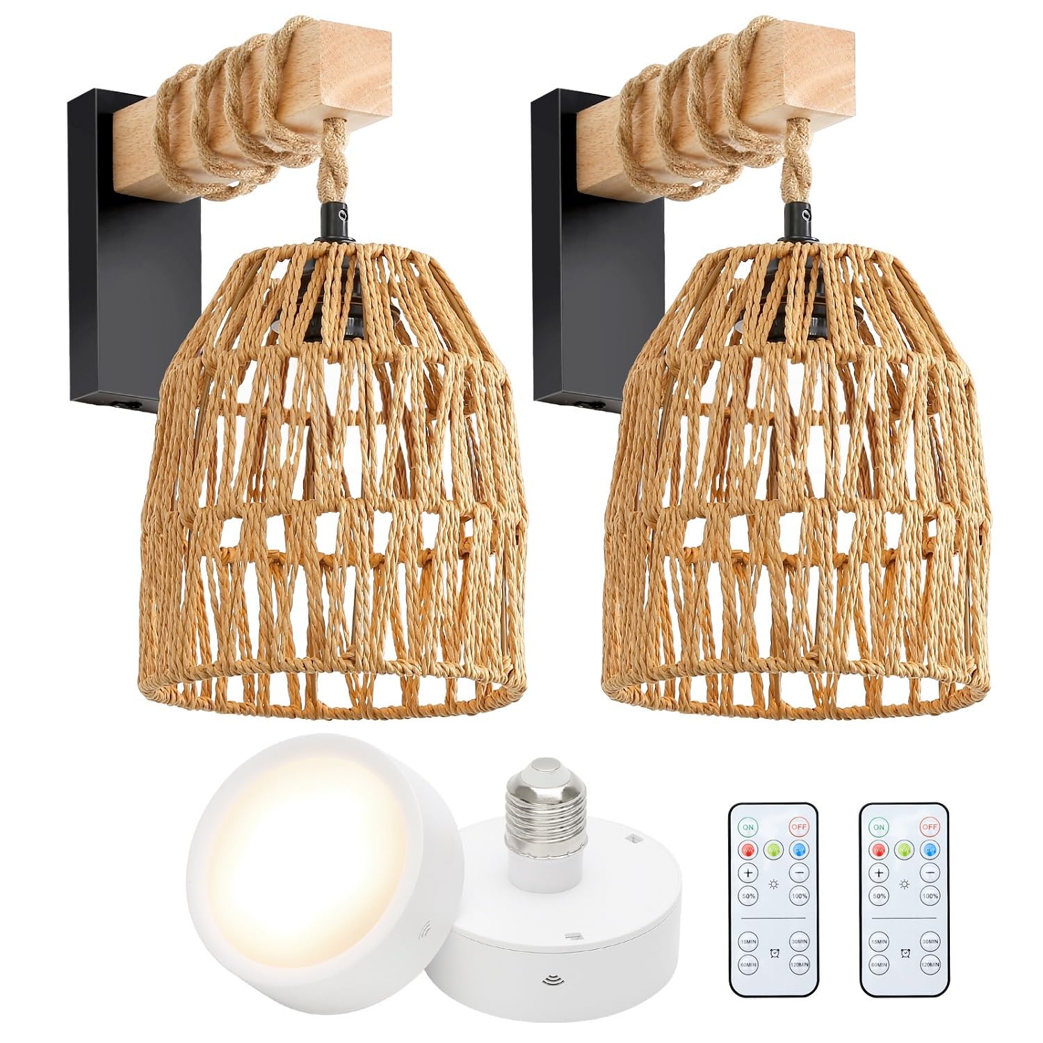 Espossi Battery Operated Wall Sconce, Rattan Wall Sconces Battery Operated Set Of 2, Boho Battery Wall Sconce With Remote Control, Wireless Wall Sconce For Bedroom, Living Room, Entryway