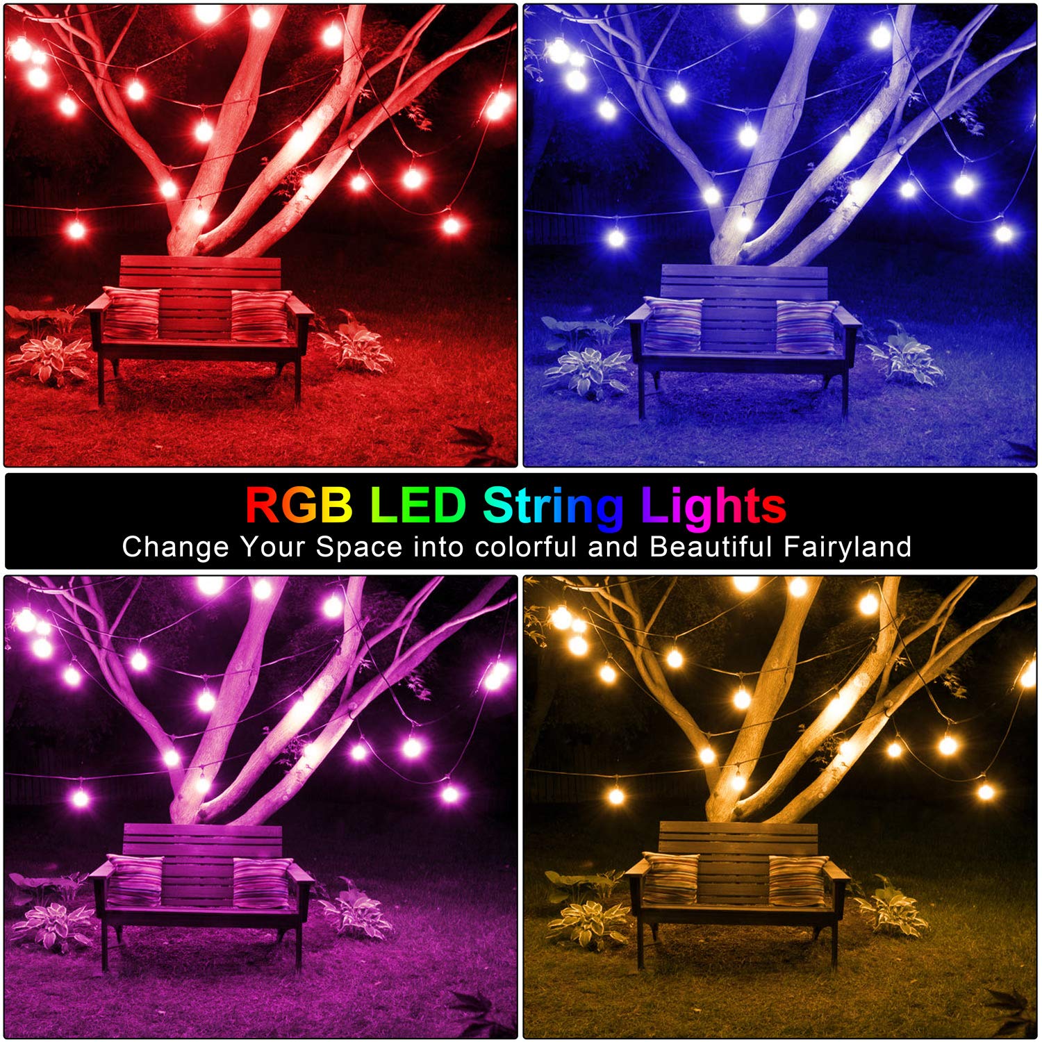 Mlambert 48Ft Outdoor Patio Lights, Rgb Cafe String Lights With 15 E26 S14 Shatterproof Edison Bulbs, Commercial Grade Dimmable