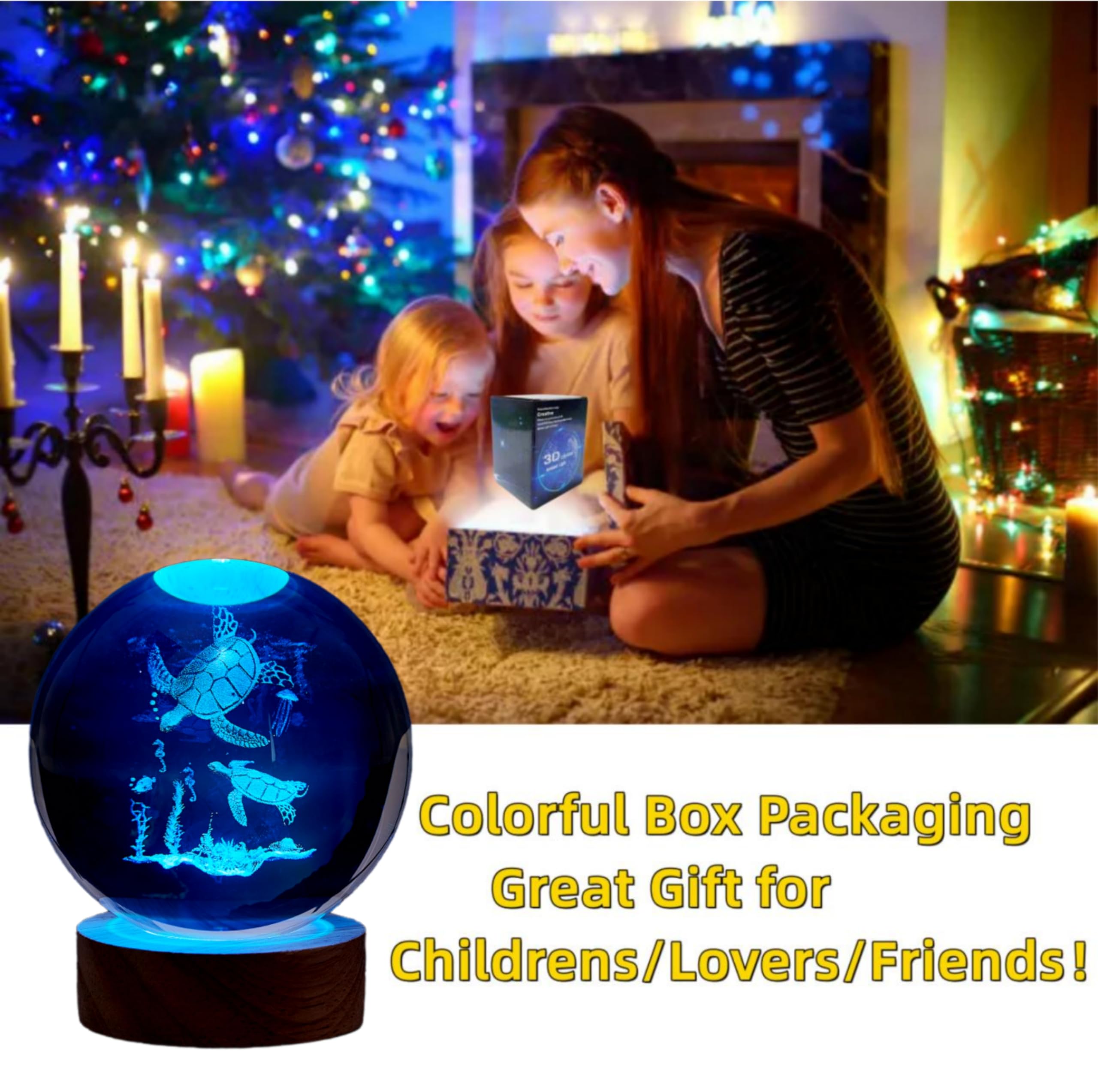 Conalisk Sea Turtle Crystal Ball Lamp - 3D Night Light, 16 Colors, Dimmable, Remote Control, Gift Idea