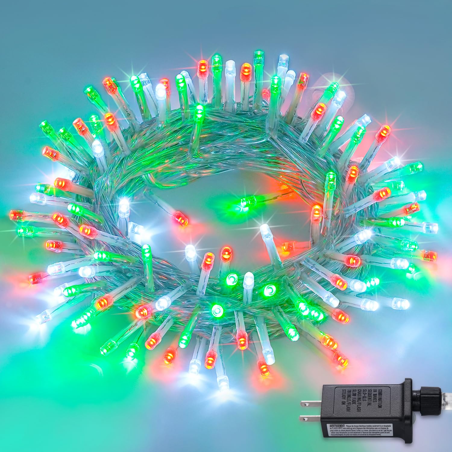 JMEXSUSS 100 LED Twinkle String Lights, Waterproof Indoor/Outdoor, 8 Modes, Clear Wire, Red White Green, Model EXS-S-0100