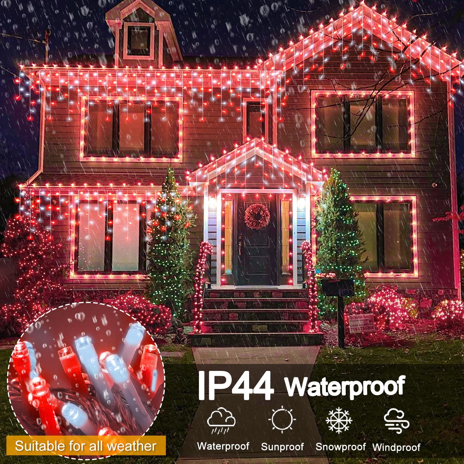 99Ft Red And White Christmas Lights  1216 Led Icicle Lights For Outside  Clear Wire Twinkle Light With 8 Modes Timer Waterproof For House Window Party Tree Holiday Patio Yard Home Decoration