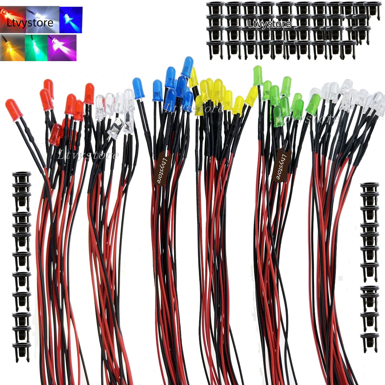 Ltvystore 60Pcs 3Mm 9V 6Colors Led Pre Wired Prewired Lamp Light Bulb Prewired Emitting Diode +60Pcs Black 3Mm Led Plastic Clip 