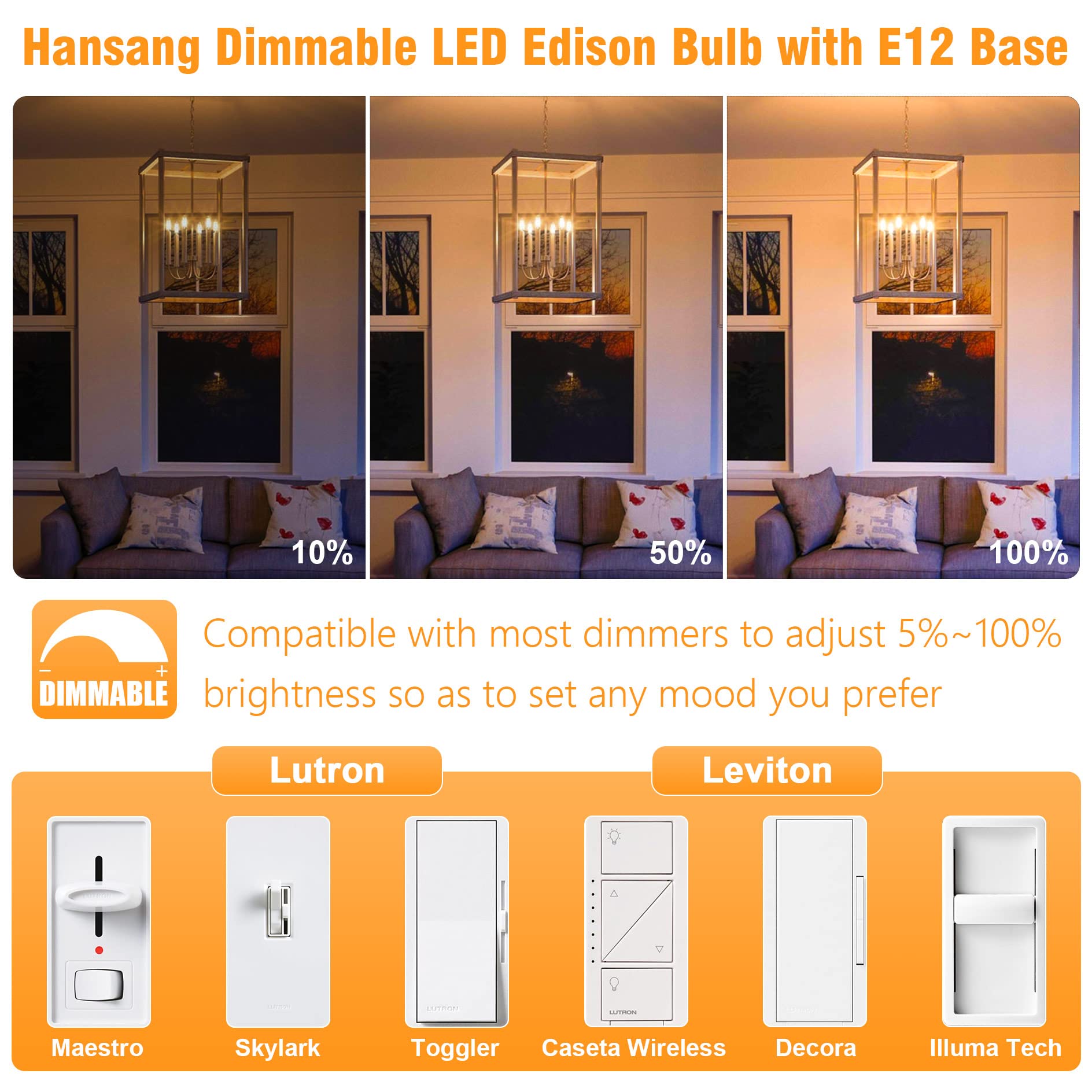 Hansang E12 Led Bulbs Dimmable, 40W Equivalent, 3000K Soft White, T6 Tube Candelabra Led Light Bulbs For Chandelier, Light Bulbs