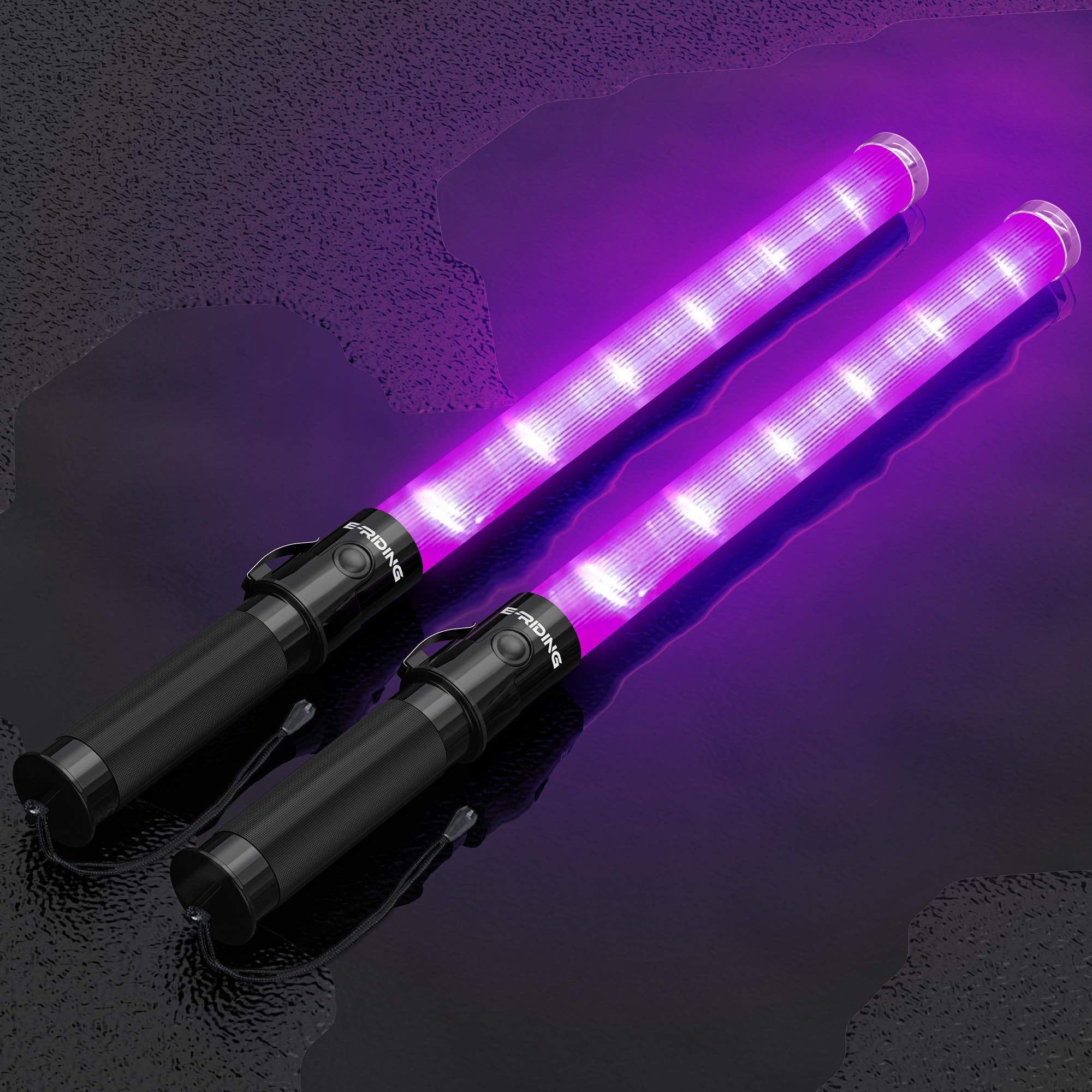 E-riding 2 Pack Purple Traffic Wand, 21 Inch Traffic Control Wand with 3 Flashing Modes & Side Clip, LED Safety Baton for Traffi