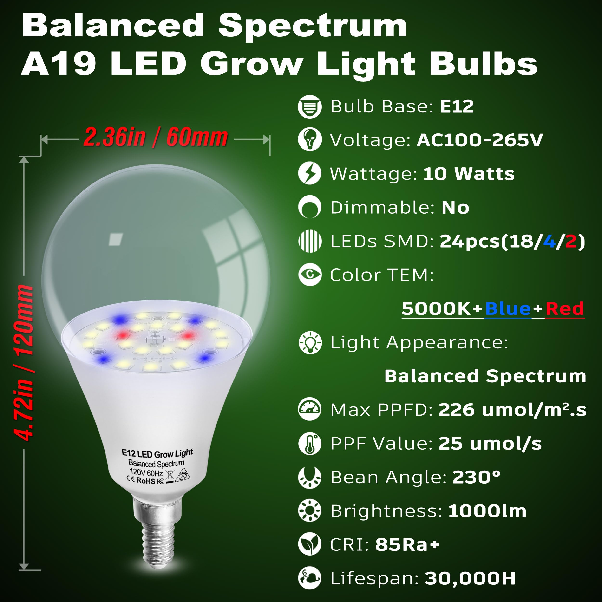 ALIDE E12 Grow Light Bulbs - Full Spectrum 10W LED, 5000K Red Blue for Indoor Plants, Hydroponics - 3 Pack