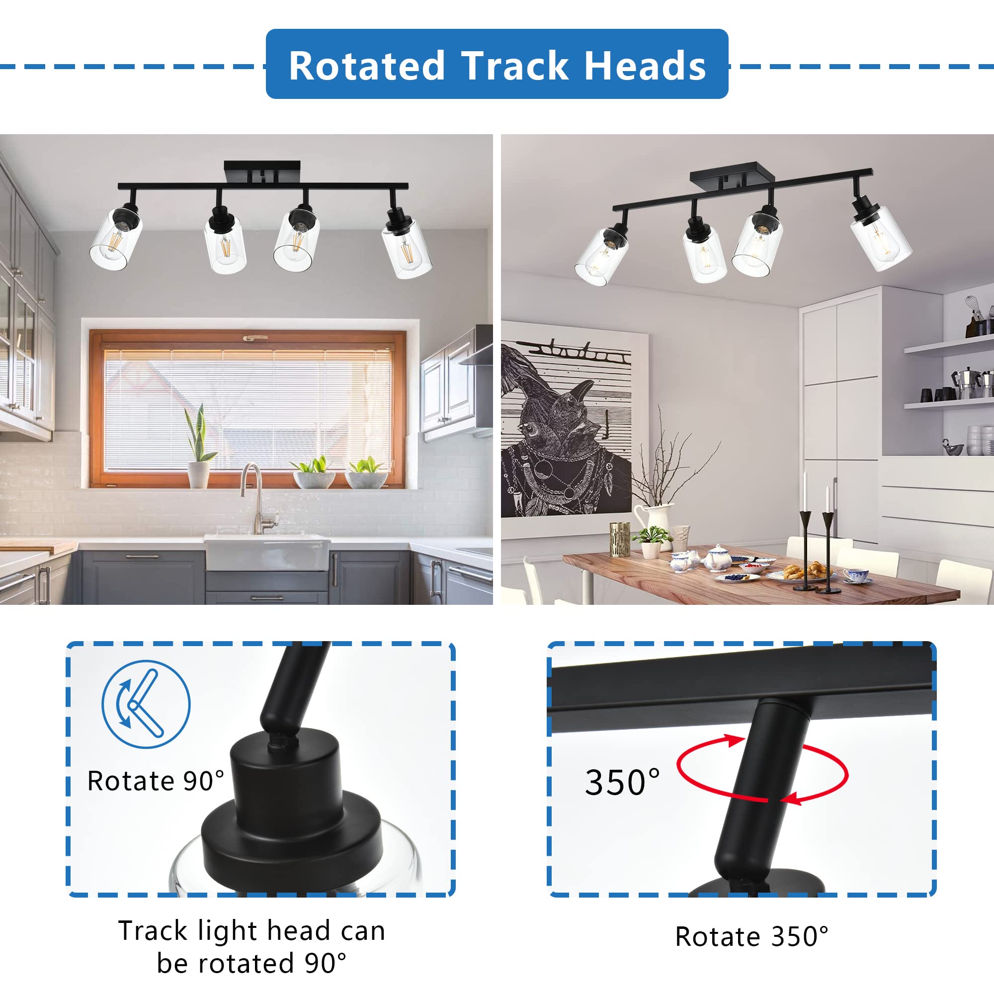 Melucee 4 Light Track Lighting Kit Bathroom Light Fixtures Matte Black Ceiling Spotlight Fixture For Hallway Foyer Bath Storage, Clear Glass Shade