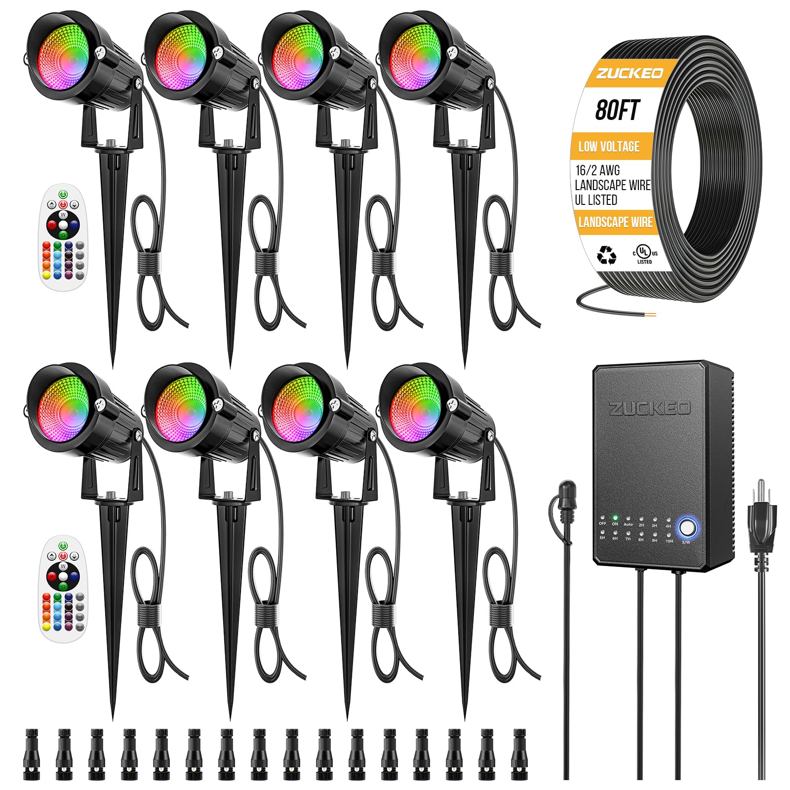Zuckeo All-In-One Rgbw Landscape Lighting Kit  5W Color Changing Low Voltage Landscape Lights With Transformer And 80Ft Wire  Led Multi-Color Landscape Spotlights For Holiday Yard Garden House  8Pack