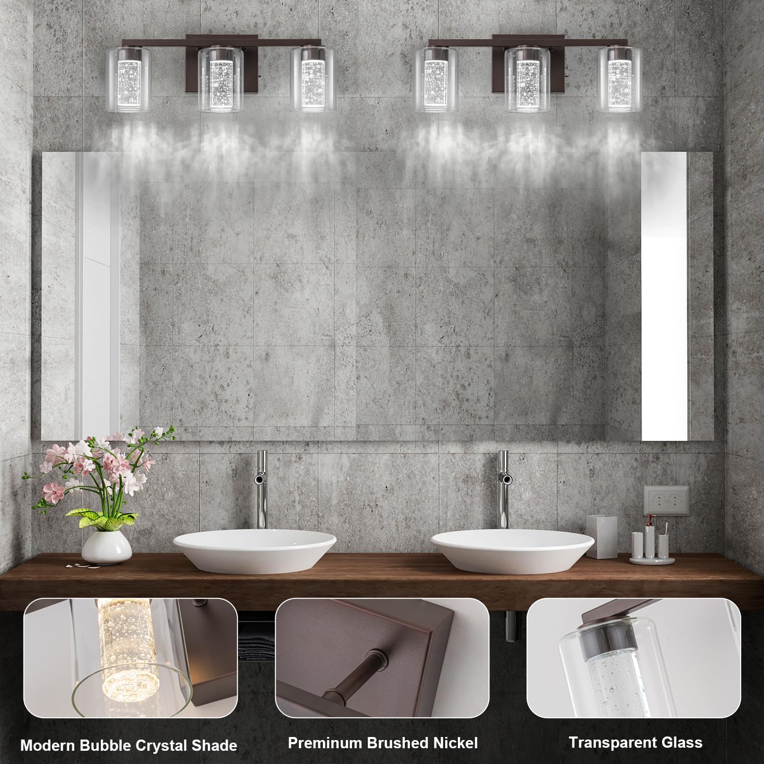 Sinerise 3-Light Bronze Vanity Light With 3 Color Modes (3000K/4000K/6000K), Eye Protection Led Bathroom Light Fixture, Dimmable