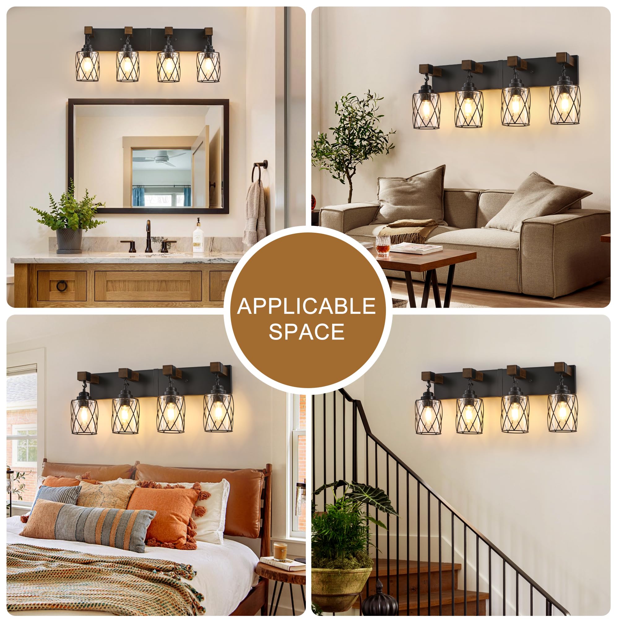 Farmhouse Bathroom Light Fixtures  4 Light Bathroom Vanity Light With Metal And Glass Lampshade  Wood Rustic Lighting Fixtures Over Mirror  Black Wall Sconces For Living Room  Bedroom