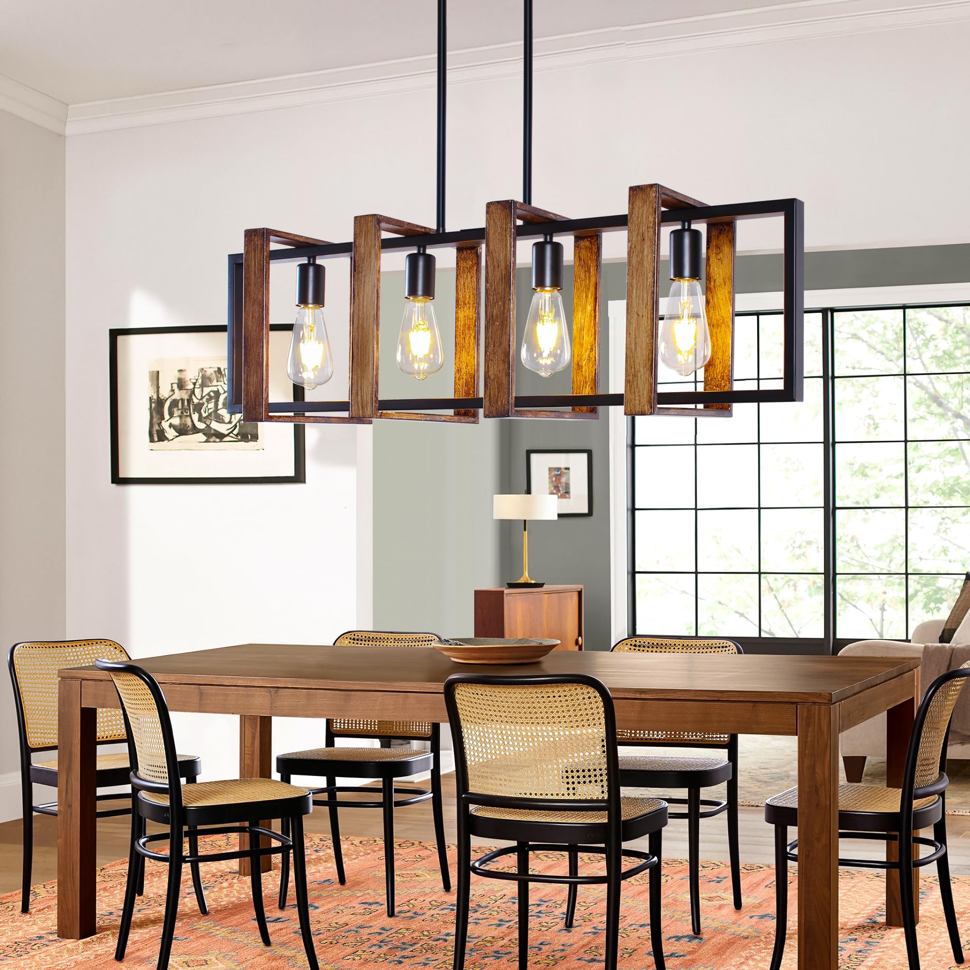 Tyhogar Dining Room Light Fixture-35 Adjustable Height 4-Light Farmhouse Chandelier Rustic Faux Wooden Kitchen Island Lighting Country Style Dining Room Chandeliers (No Bulbs Included)