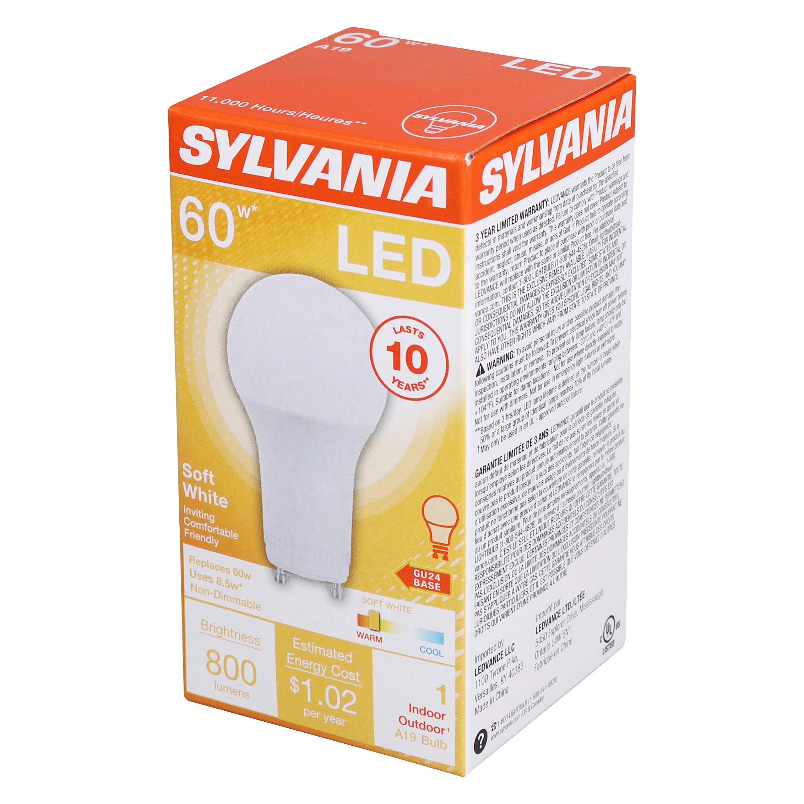LEDVANCE A19 LED Light Bulb, 8.5W, 60W Equivalent, Soft White 2700K, Non-Dimmable, 800 Lumens, 1 Pack