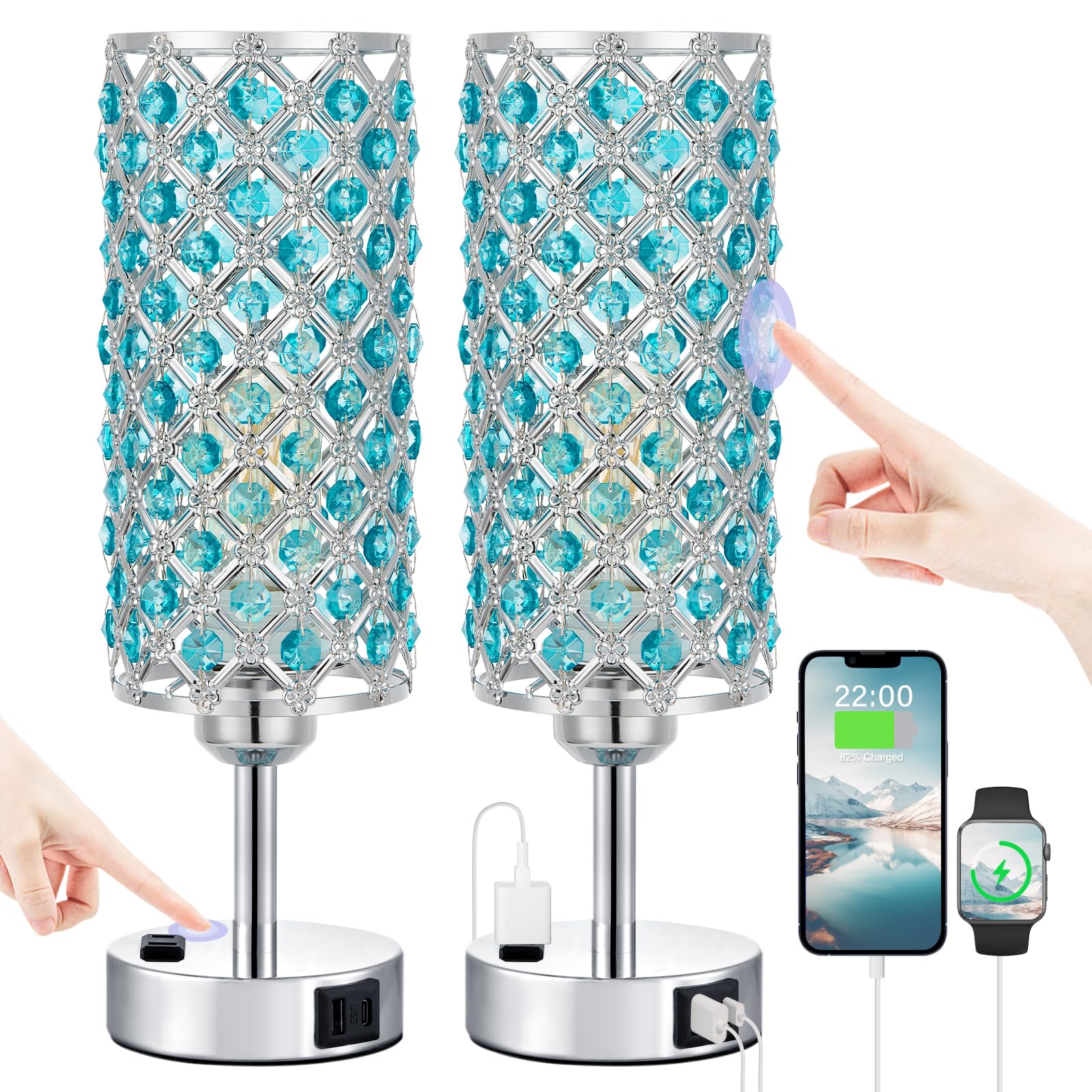 Hong-in Blue Crystal Lamp Touch Control Set of 2  Crystal Table Lamps with USB C+A Ports & AC Outlet  3-Way Dimmable Nightstand Touch Lamp  Modern Bedside Table Lamp for Bedroom(Bulbs Included)