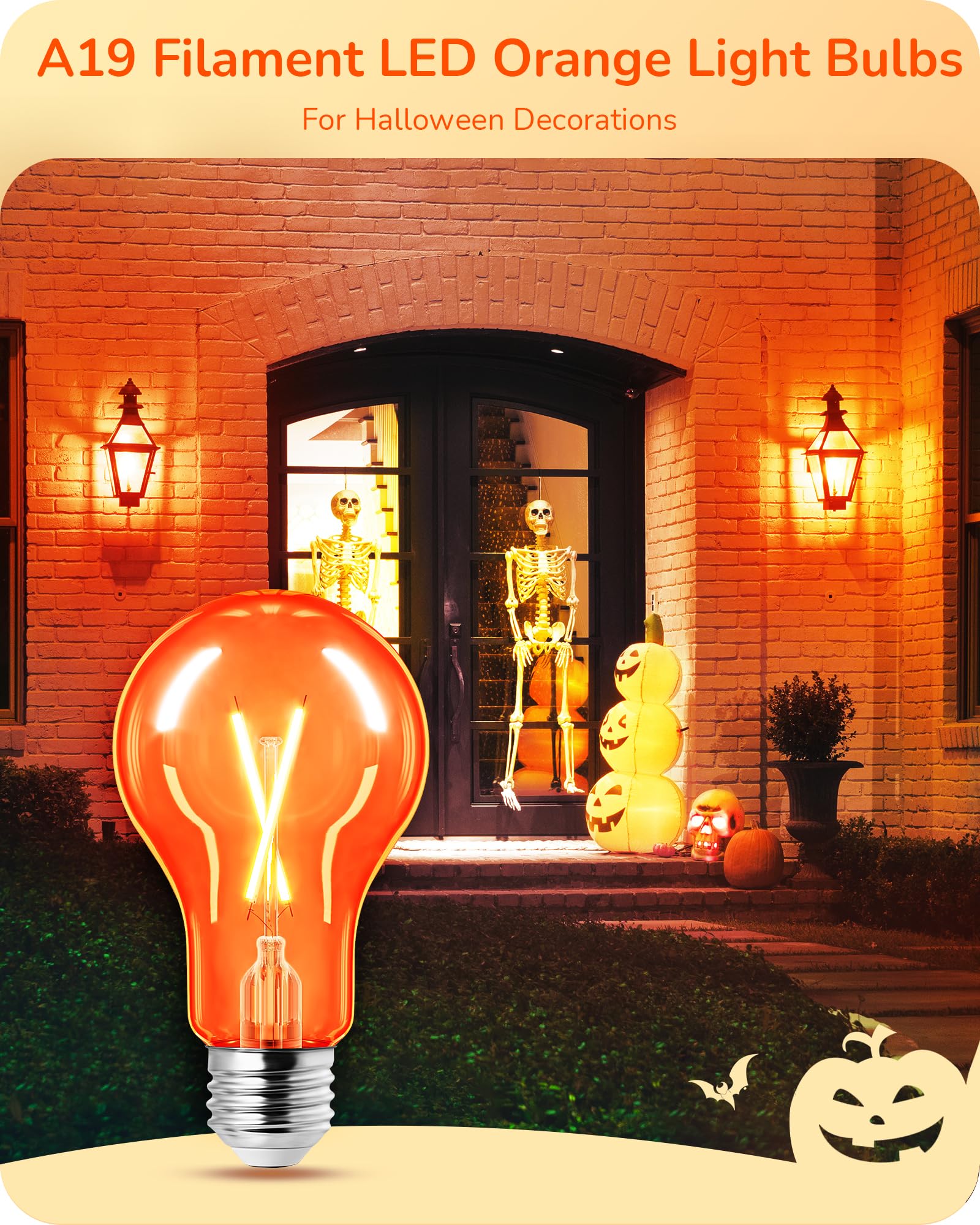 EDISHINE 8W A19 Dimmable LED Light Bulb, Orange Glass Filament, E26 Base, UL Listed, 4 Pack