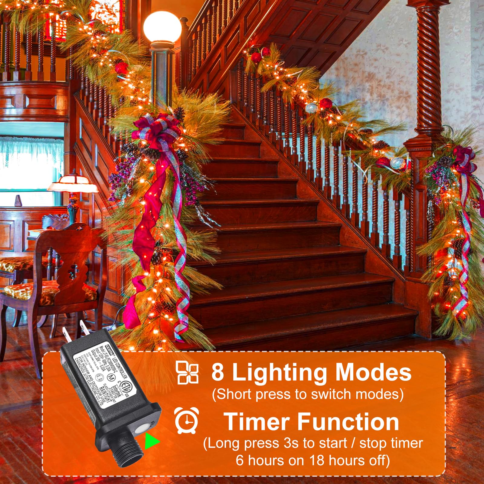 Nielfoi Halloween String Lights, 200FT 600 LED, Orange, Waterproof, 8 Modes, Plug-in for Indoor/Outdoor Decorations