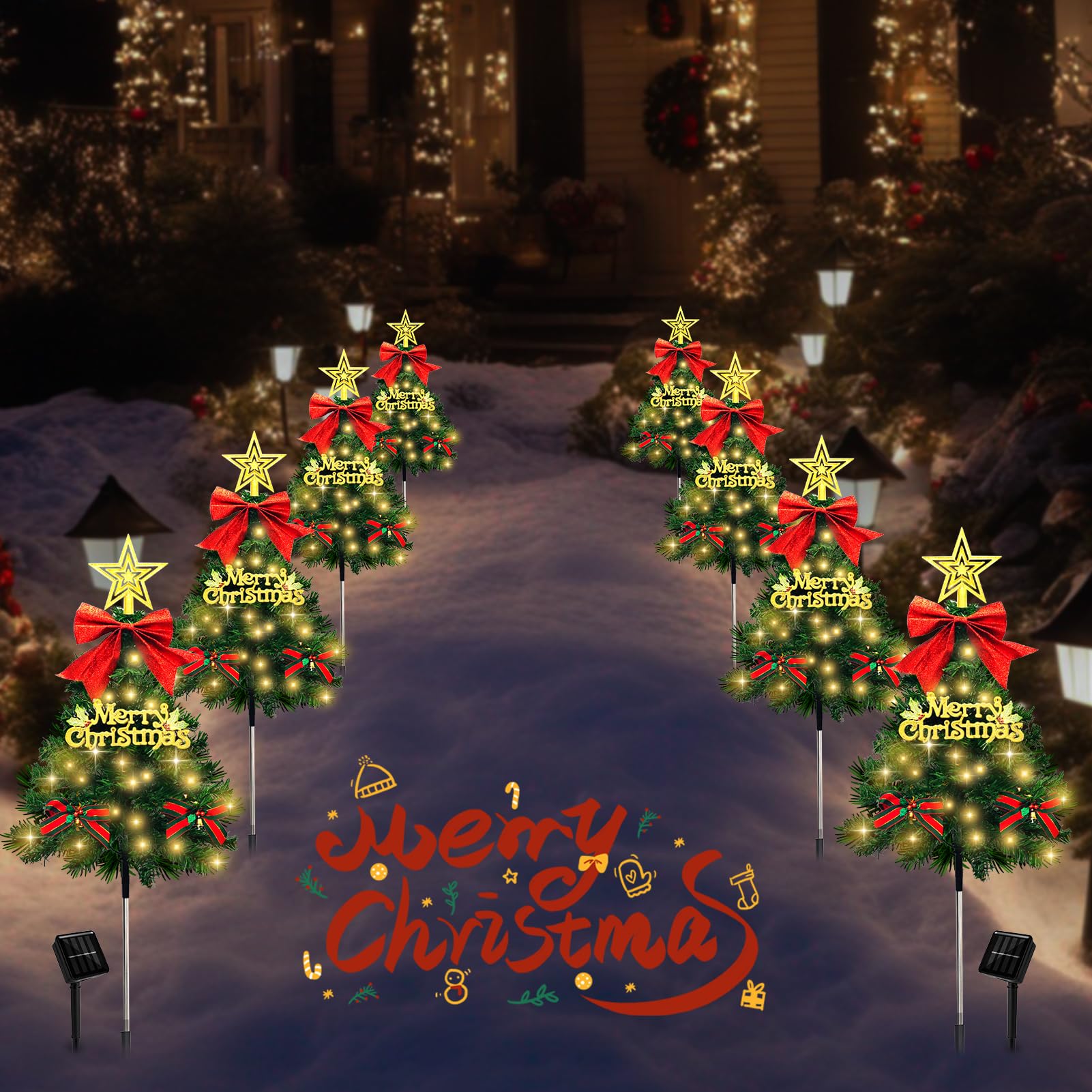 Tailerri 4 Pack Christmas Tree Solar Pathway Lights Outdoor Decorations  Waterproof Artificial Mini Xmas Tree Stake Lights With Diy Ornamets For Garden Yard Porch Decor (Green Tree)