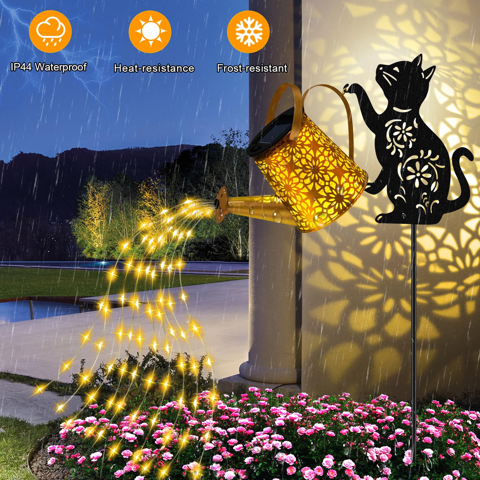 Solar Lights Outdoor Decorative  Watering Can With Cascading Lights  With Cat Silhouette Garden Stakes  Waterproof Metal Garden Decor For Yard Art  Outside  Patio  Lawn Ornaments 2Pack
