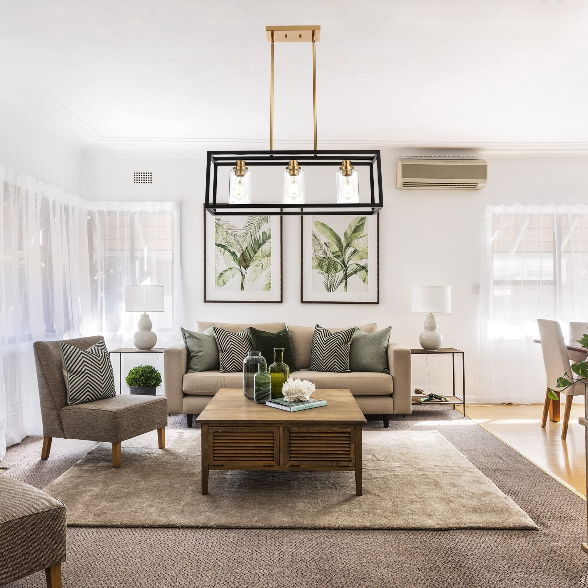 MELUCEE Modern Island Light, 3 Lights Linear Pendant, Black and Brushed Brass, 26 inches, Clear Glass Shade, E26 Base