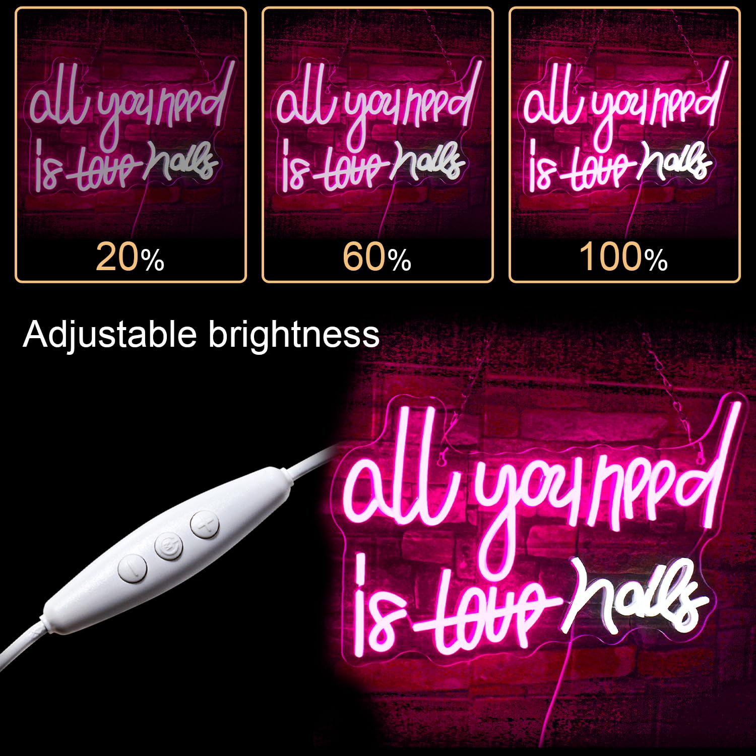 WLHOPE Neon Sign - Pink LED for Bedroom, Home Bar, Girls Room, Model LL-nails