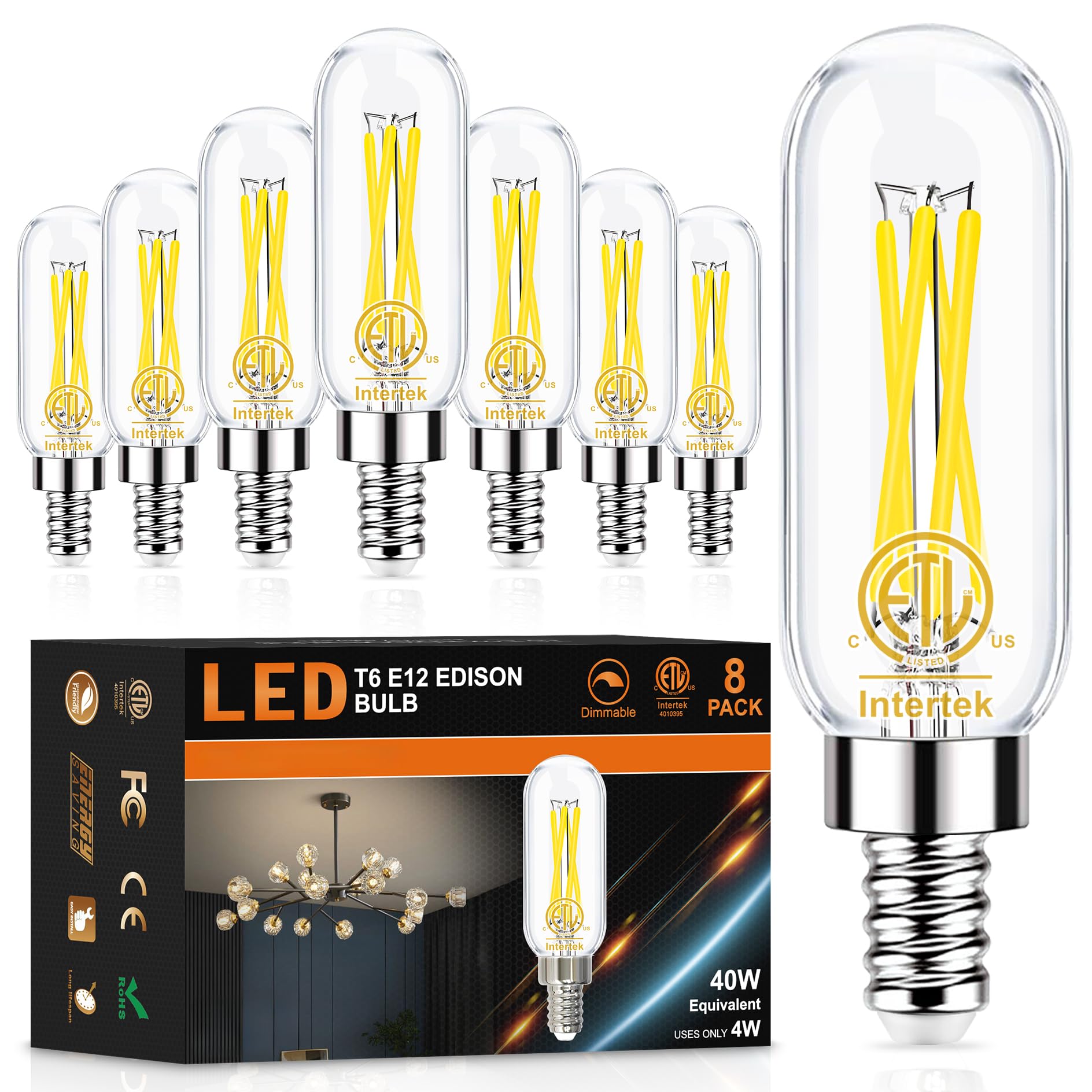 Hansang E12 Edison Chandelier Bulbs, Candelabra Base Led, 40W Equivalent, 5000K Daylight, Dimmable T6 Tube Shape Filament Candle