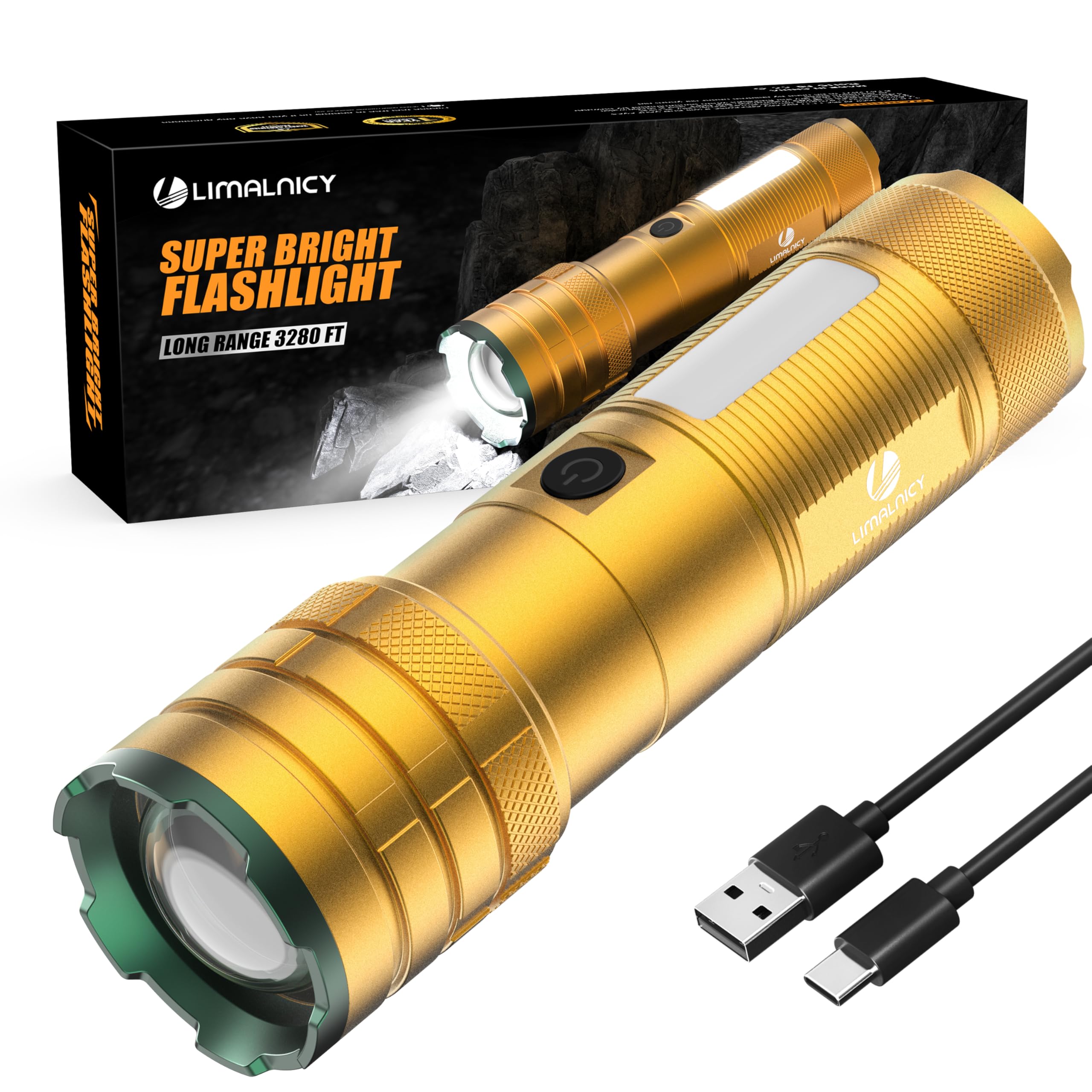 limalnicy Rechargeable Flashlights High Lumens 10000 Long Lasting  4 Modes with Side COB Light  Super Bright LED Flashlight USB C Input & Output  Powerful Strong Flash Light for Hiking Camping