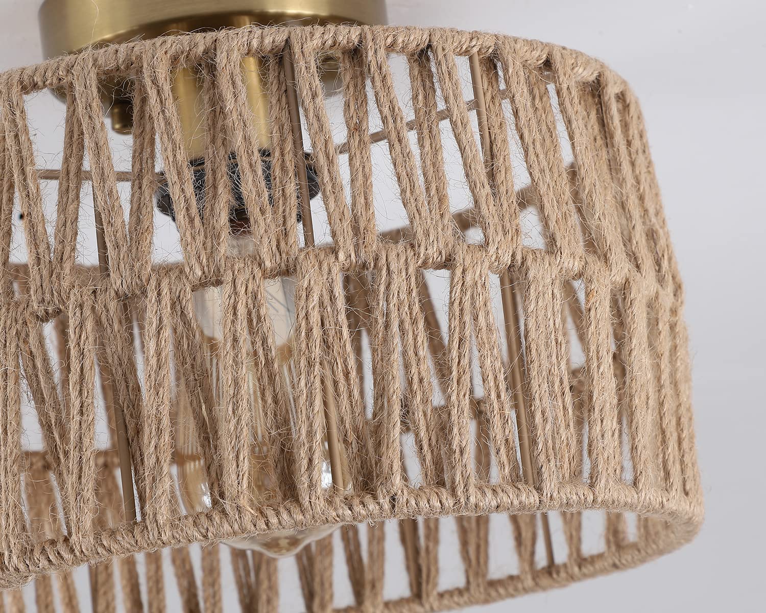 Hchunqjor Coastal Antique Gold Woven Flush Mount Light Fixture Rustic Boho Hemp Rope Brass Semi Flush Mount Ceiling Light For Ha