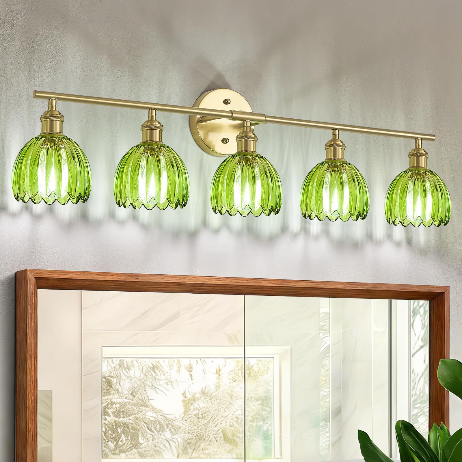 Kvhiiw Vintage Bathroom Light Fixtures,5-Light Hardwired Vanity Lights with Green Tulip Glass Shade,Gold Bathroom Vanity Light f