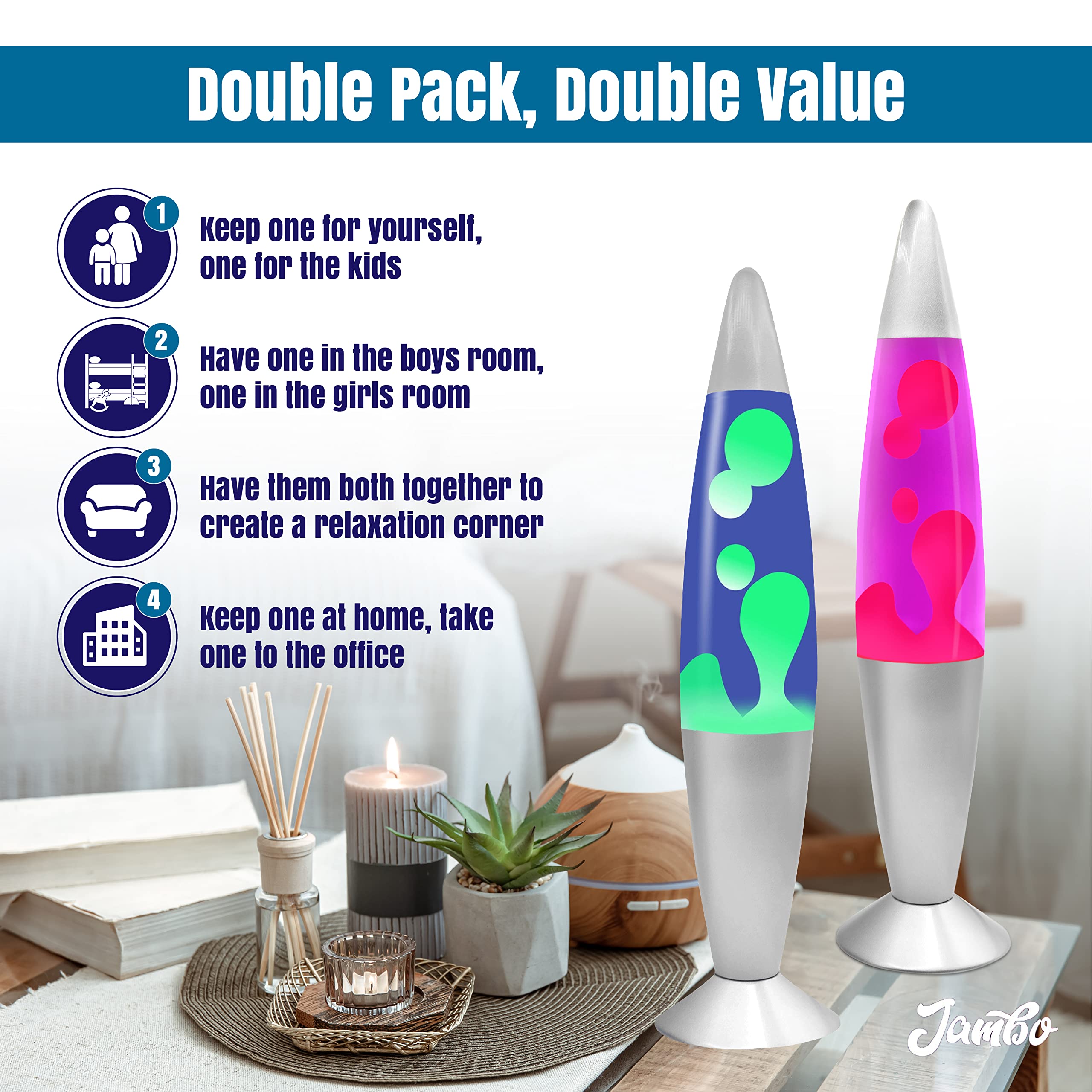Jambo Liquid Motion Lamp - 16in Double Pack, Glass, Silver Base, Blue & Yellow Wax, Purple & Pink Wax