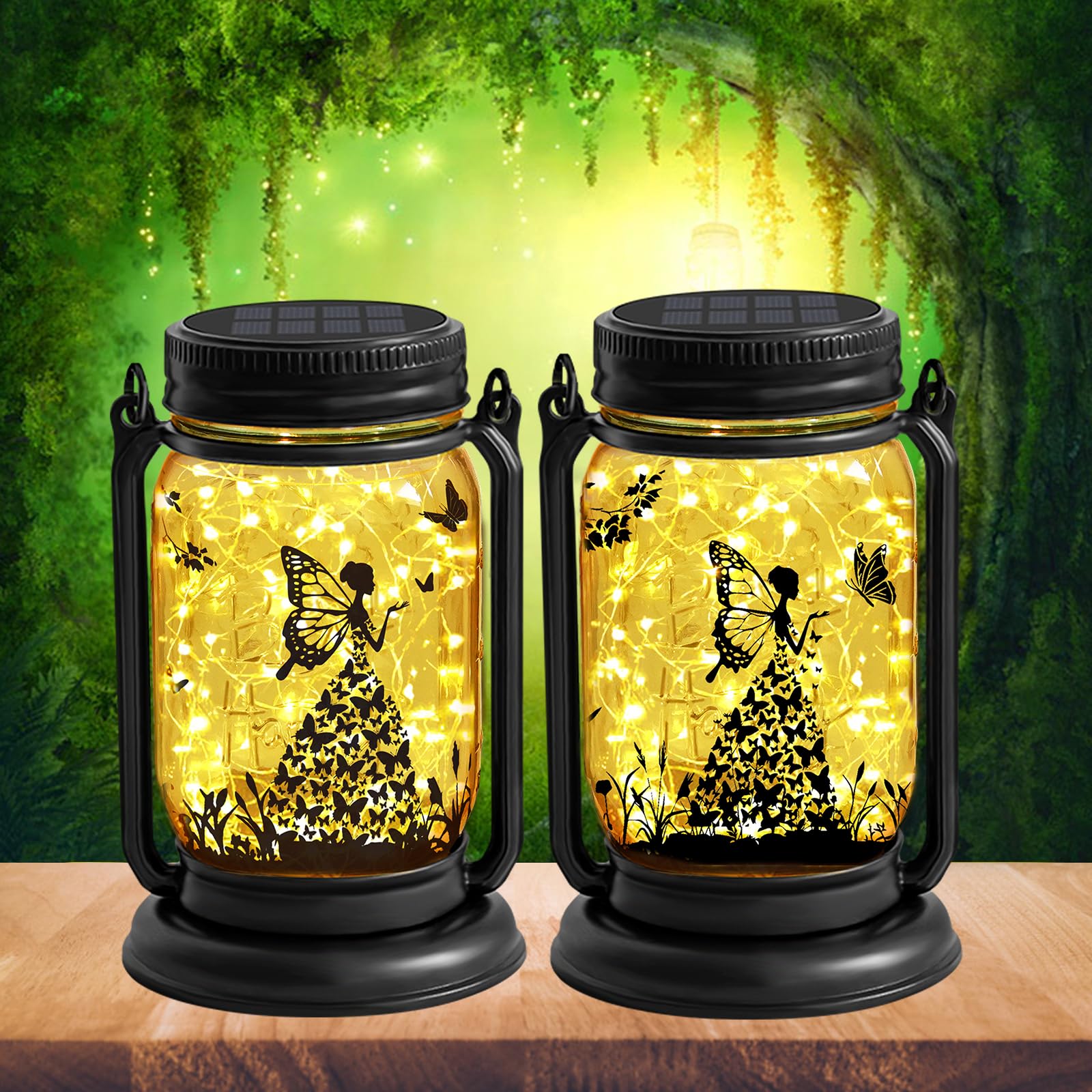 Yjfwal 2 Pack Outdoor Hanging Solar Lanterns, Fairy Butterfly Vintage Glass Mason Jar Solar Fairy Lights, Gifts For Mom, Grandma