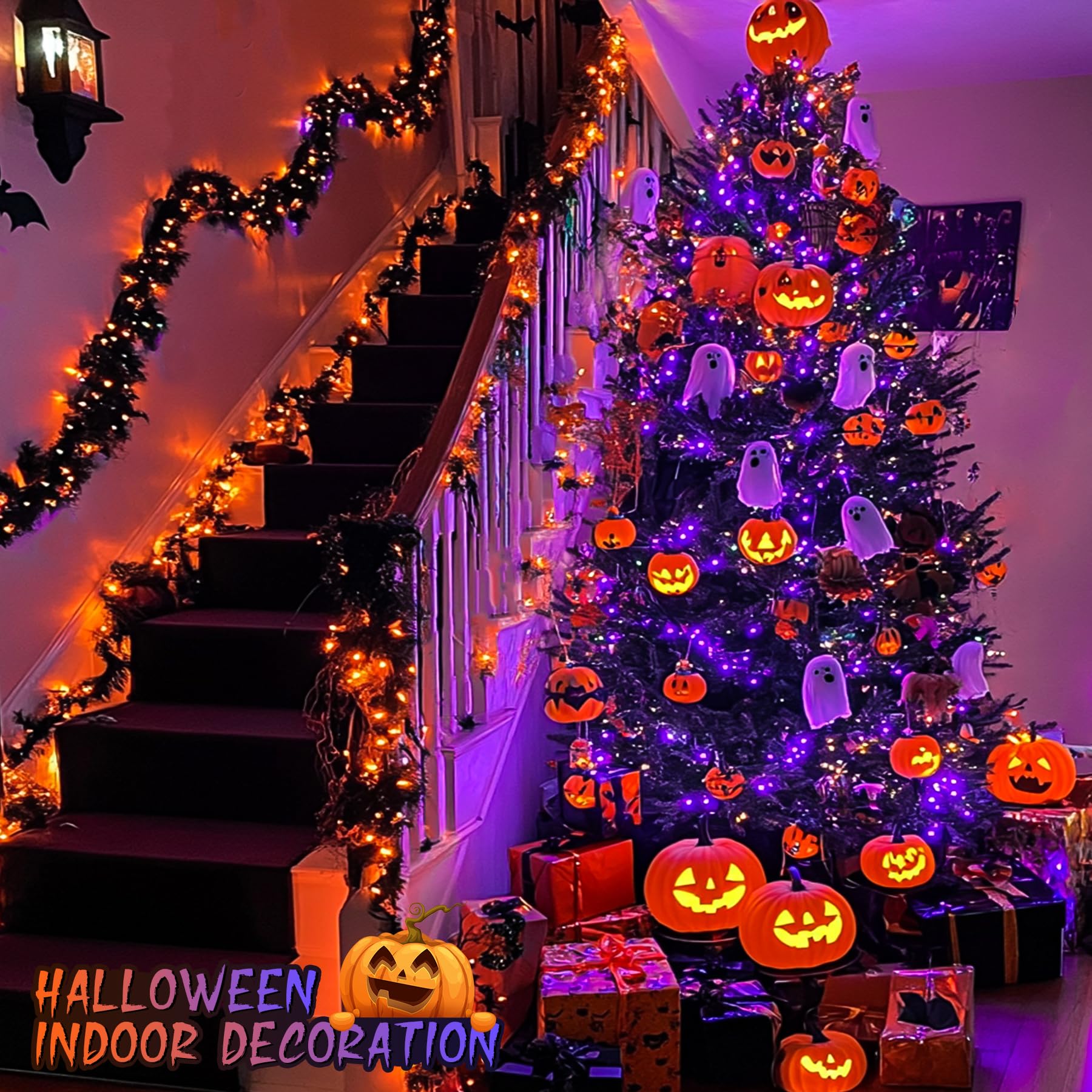 JMEXSUSS 200 LED Christmas Decoration Lights, Clear Wire, 11 Modes, Connectable, Purple Orange, Indoor Outdoor, Model EXS-S-0200