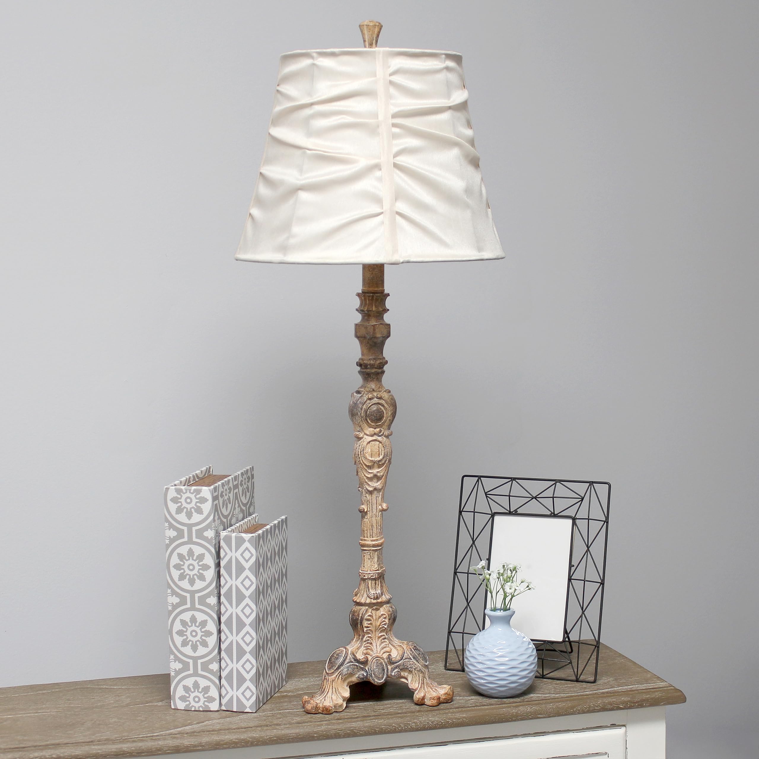 Elegant Designs Lt3301-Crm Antique Style Buffet Table Lamp With Cream Ruched Shade, Antique/Cream