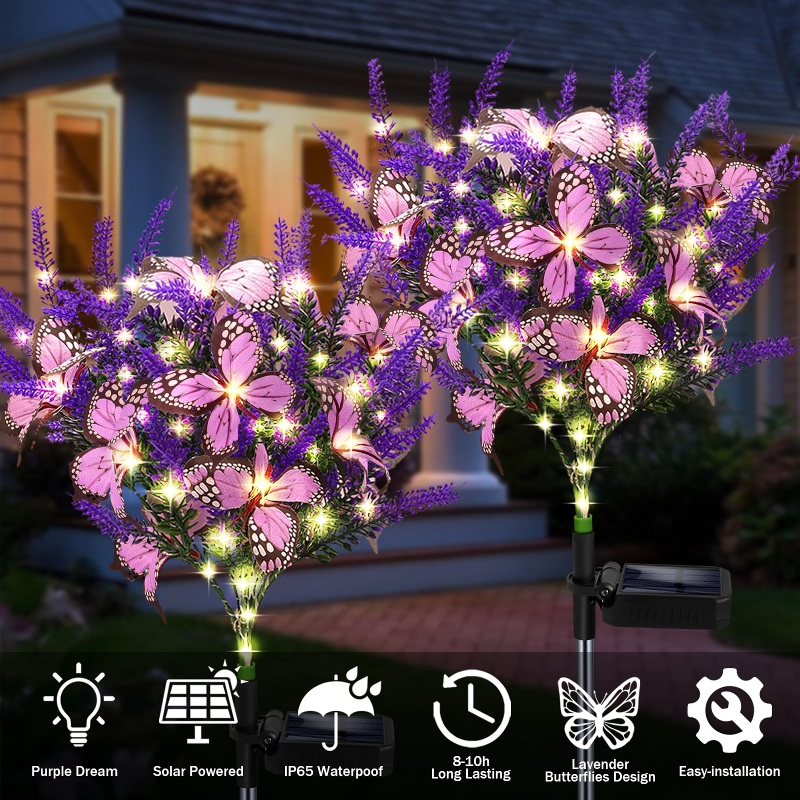 Kohlrabi Solar Garden Lights, 6 Pack Warm White Lavender Butterfly Decor for Lawn and Patio
