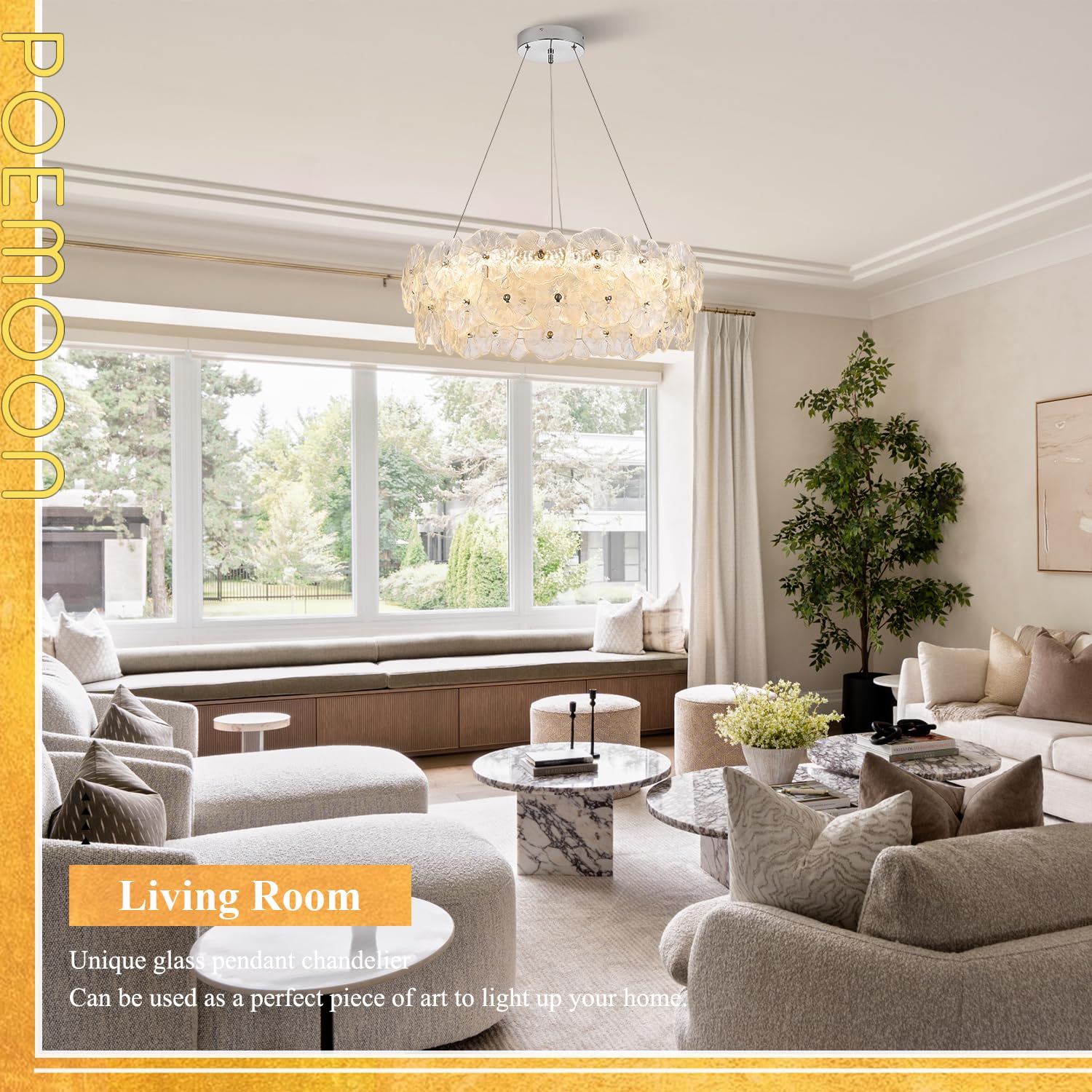Poemoon 30in Luxury Glass LED Chandelier, Chrome-Lotus, Dimmable 3000-6500K, Model 56-800C, Remote Control for High Ceiling Spaces