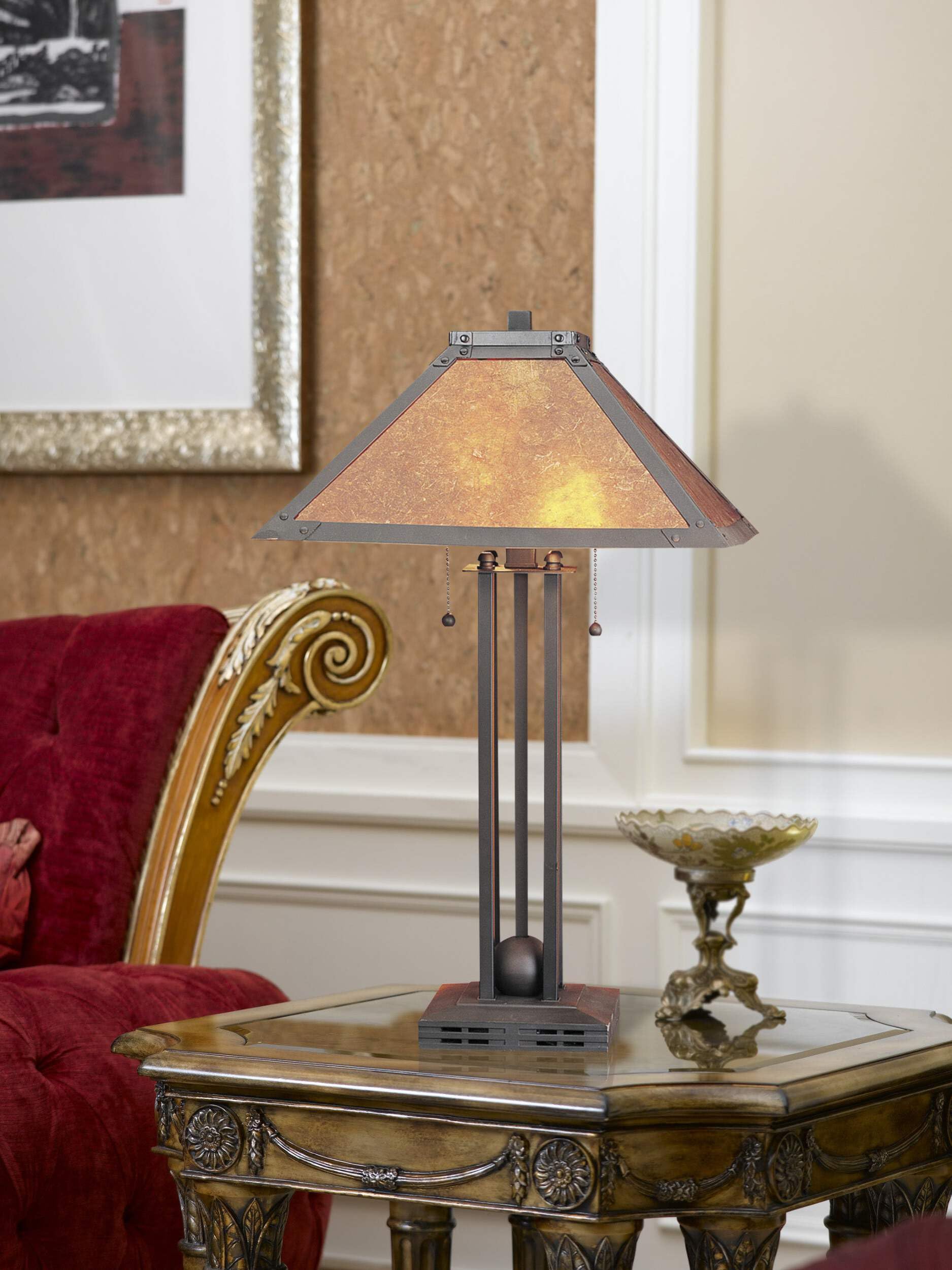 HomeRoots Two Light Table Lamp, Rust Metal, Amber Square Shade, Model 524680, 25 in.