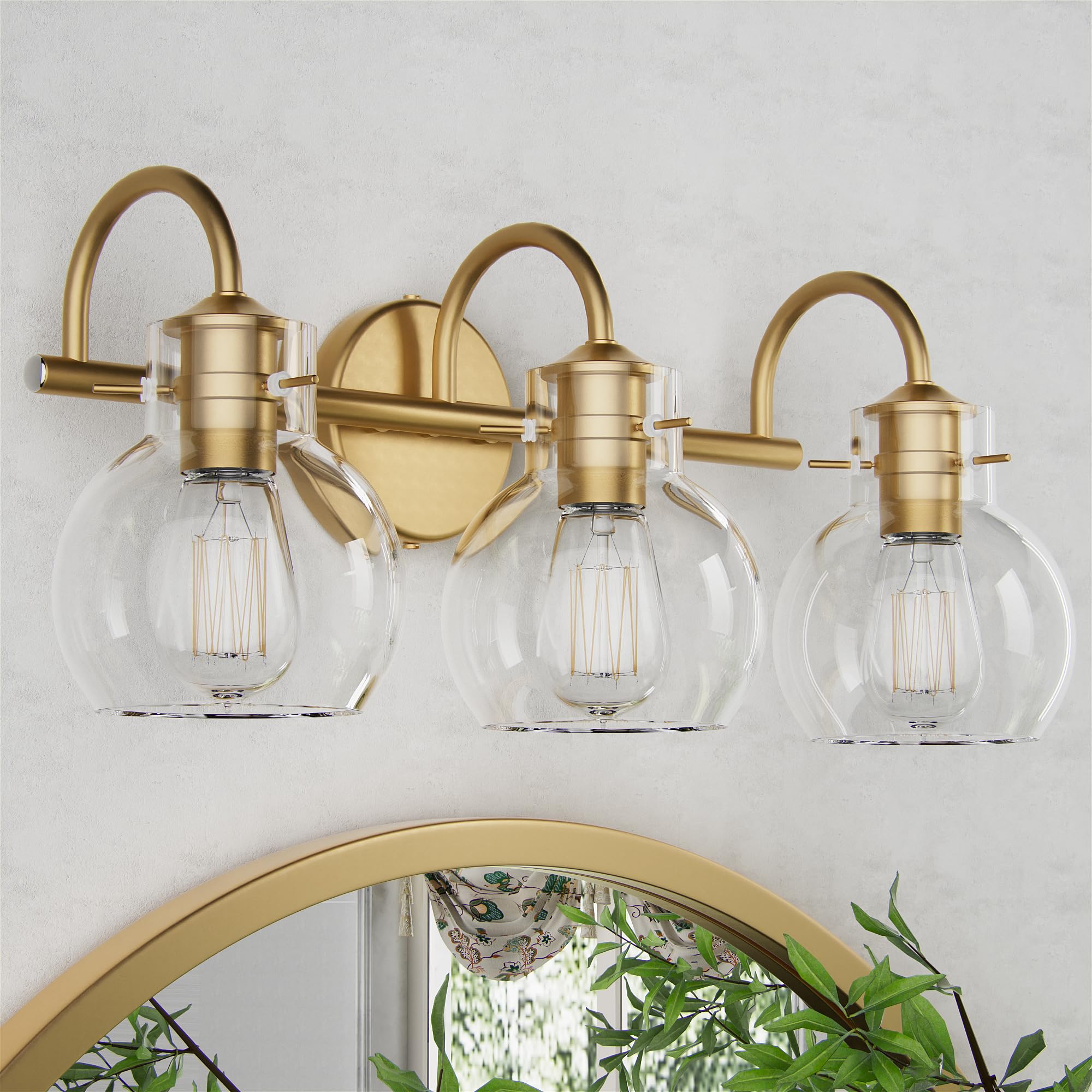 Primeplus Gold Vanity Light, 3 Light Bathroom Light Fixtures, Modern Bathroom Vanity Lights Fixtures Over Mirror With Clear Globe Glass Shade, Gold Wall Sconces For Bathroom Hallway, E26 Base