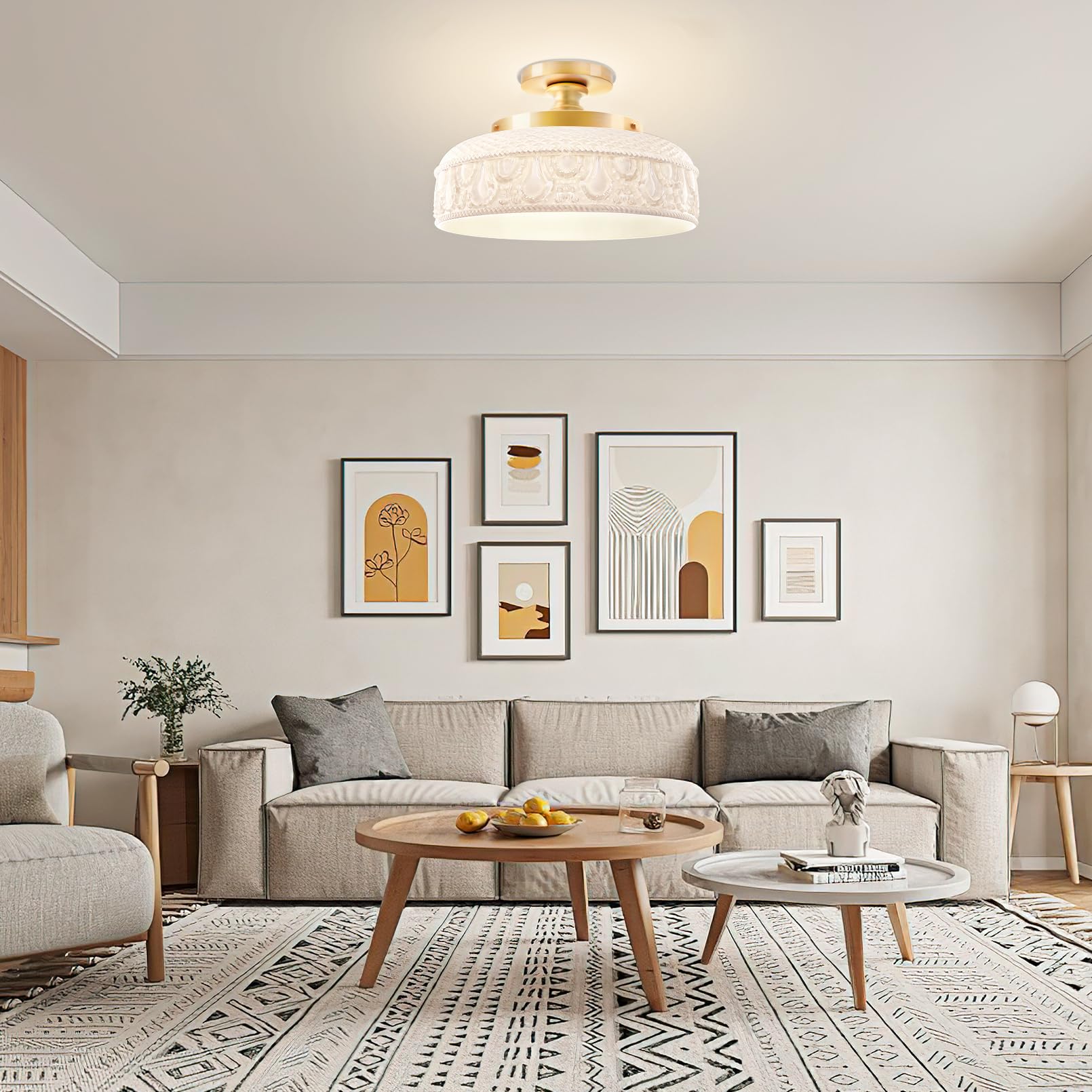 Lamomo Semi Flush Mount Ceiling Light,White Glass Shade Gold Hallway Light Fixture,3-Bulb Globe Glass Close To Ceiling Scone,Ind